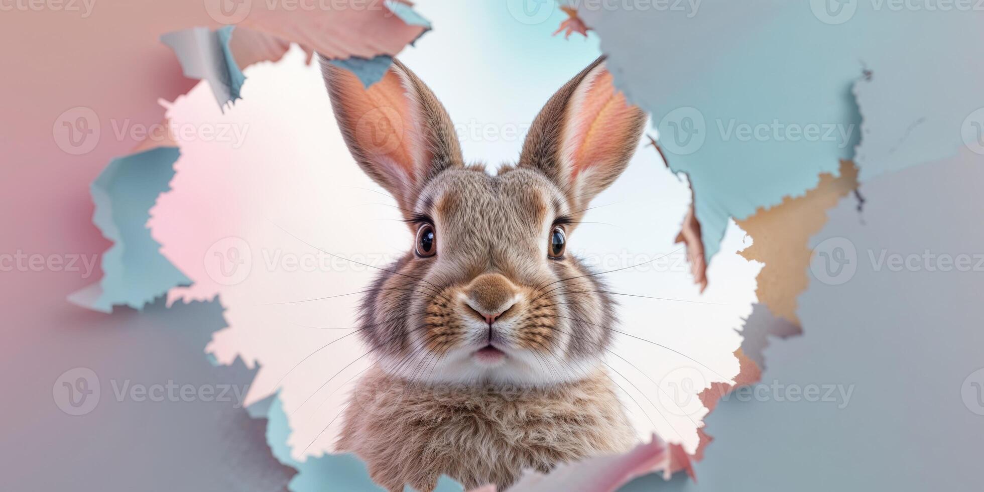 A rabbit is peeking out of a hole in a paper photo
