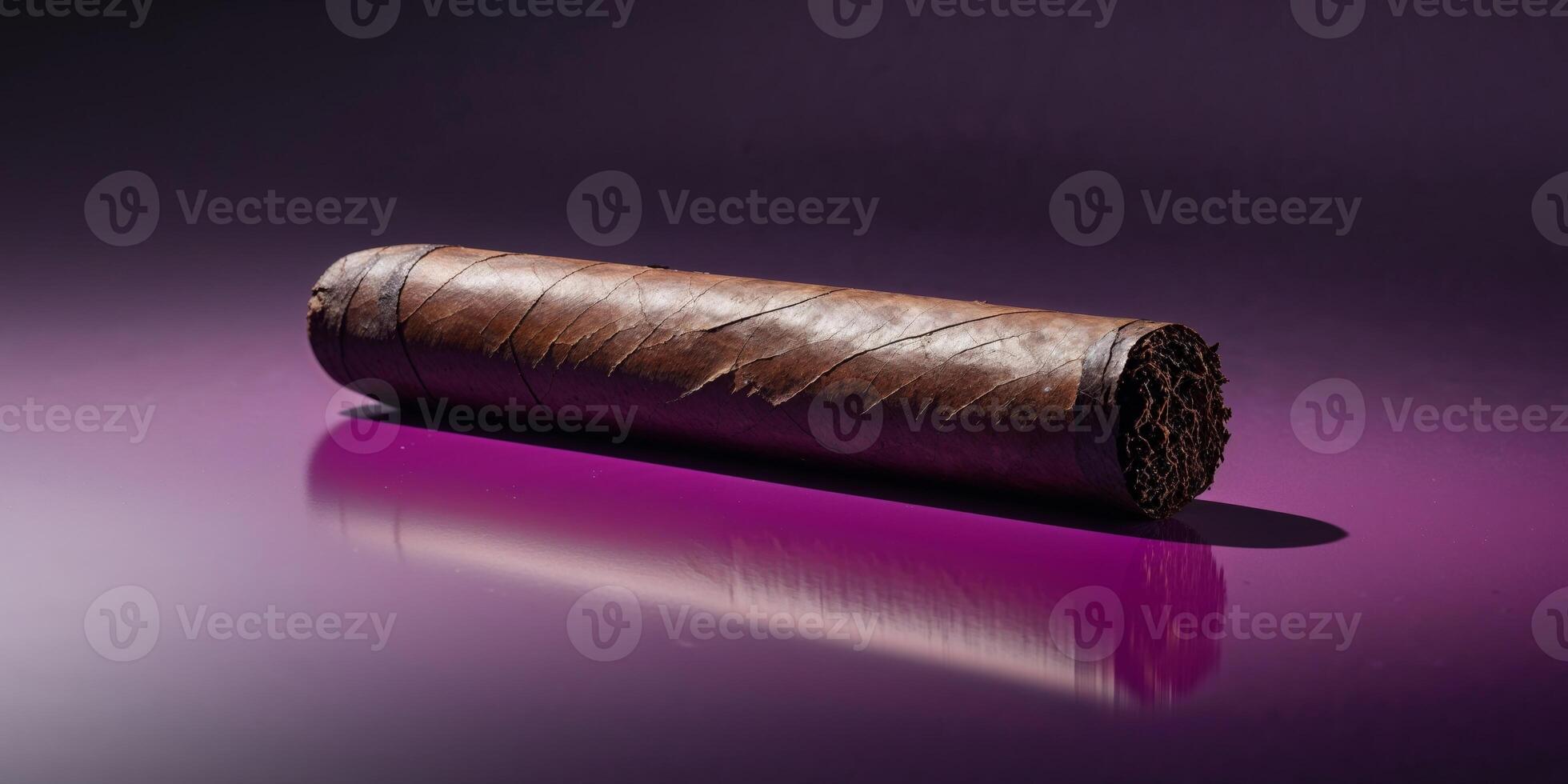 A single cigar sits on a smooth purple reflecting surface photo