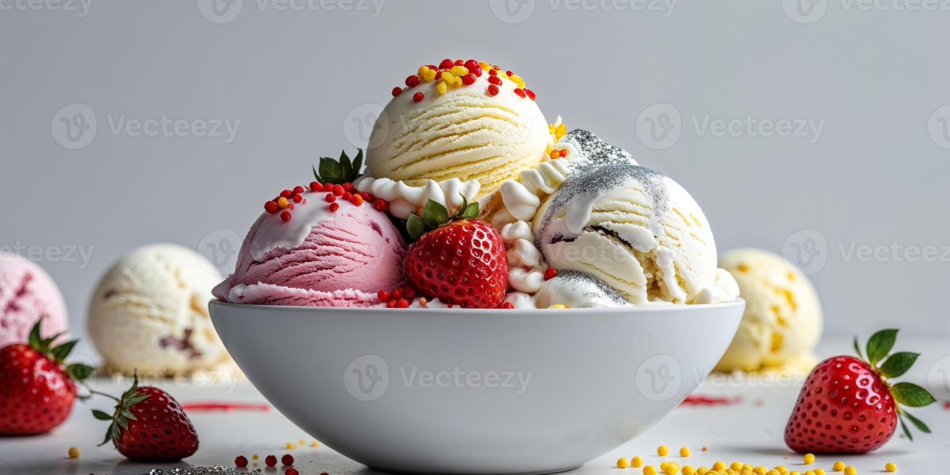Delicious bowl of assorted ice creams with colorful toppings. photo