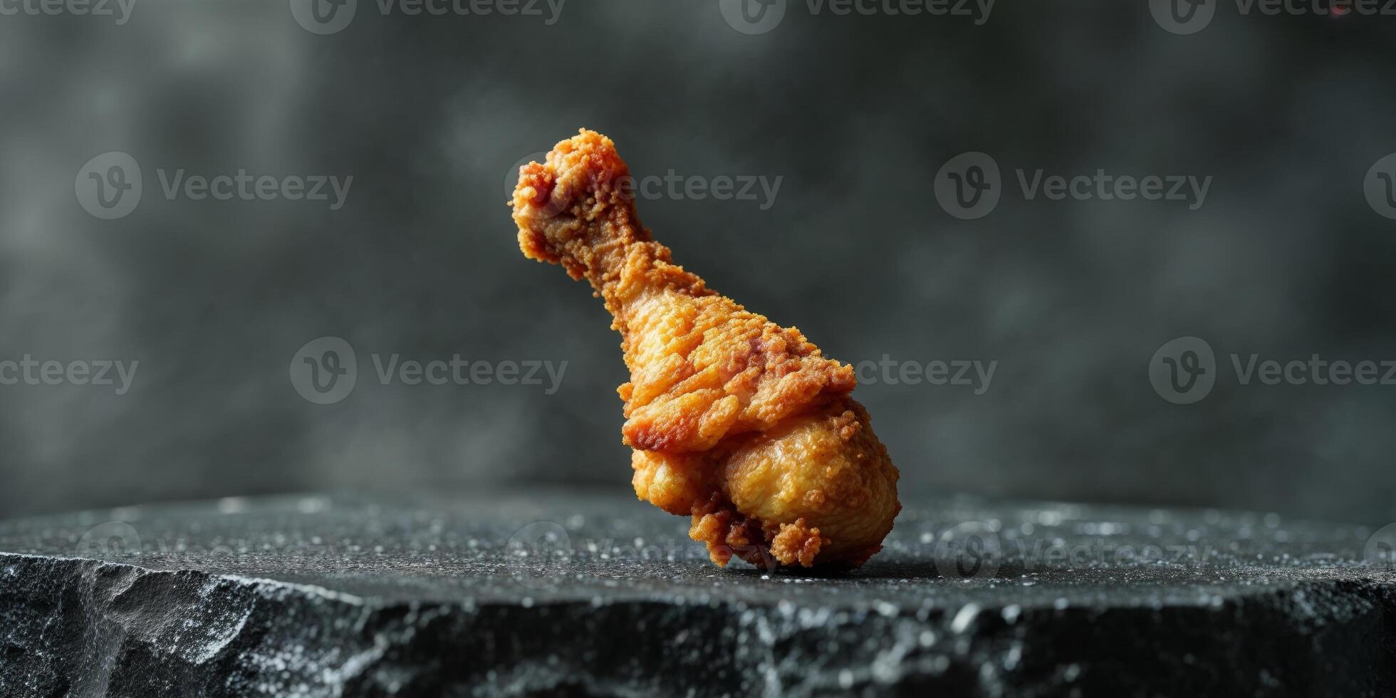 A golden fried chicken drumstick rests on a dark textured surface photo