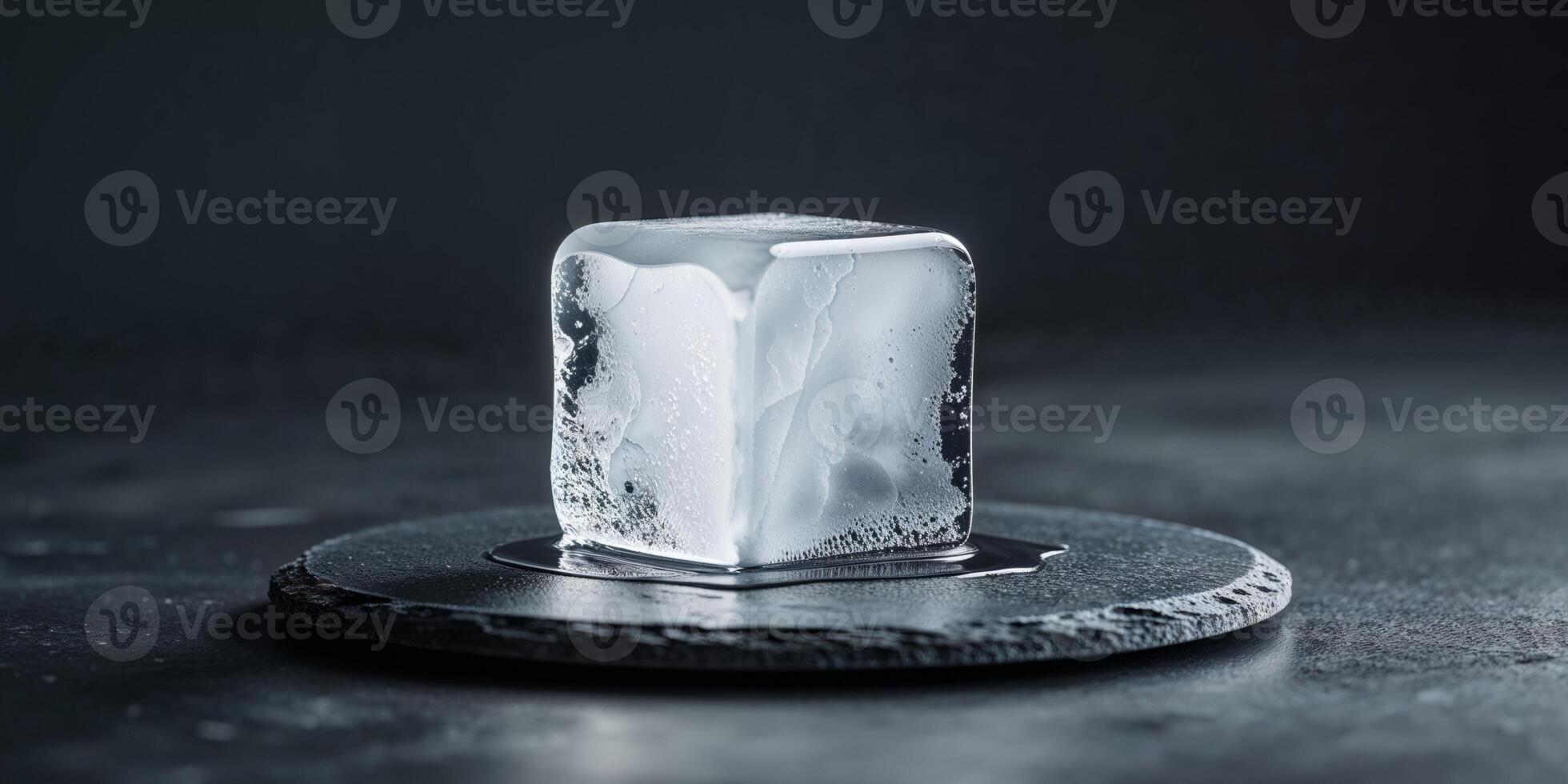 Melting Ice Cube On A Slate Coaster On A Dark Background High Quality. photo