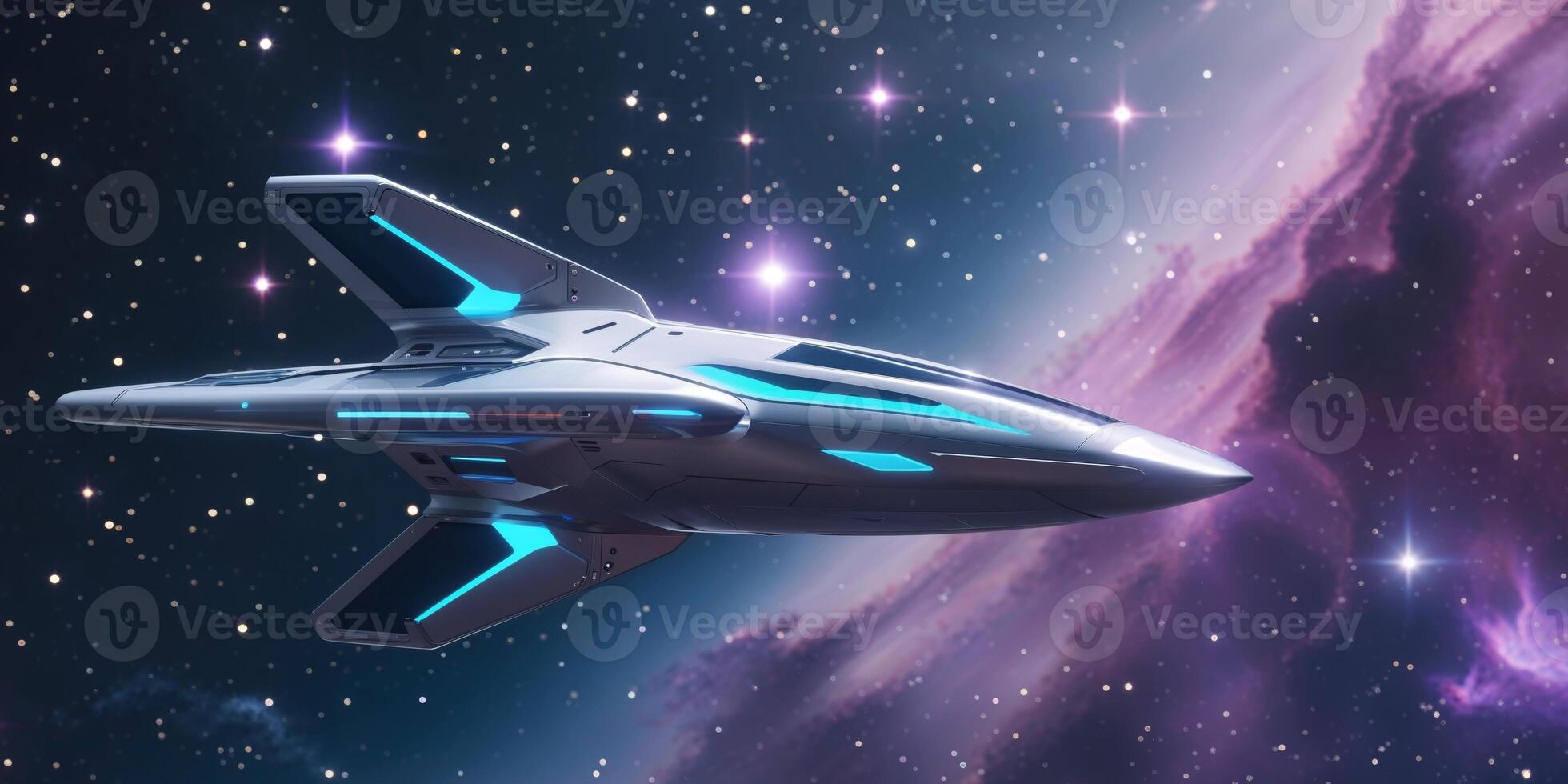 Futuristic Spaceship Flying Through Dark Space with Stars and Nebula. photo