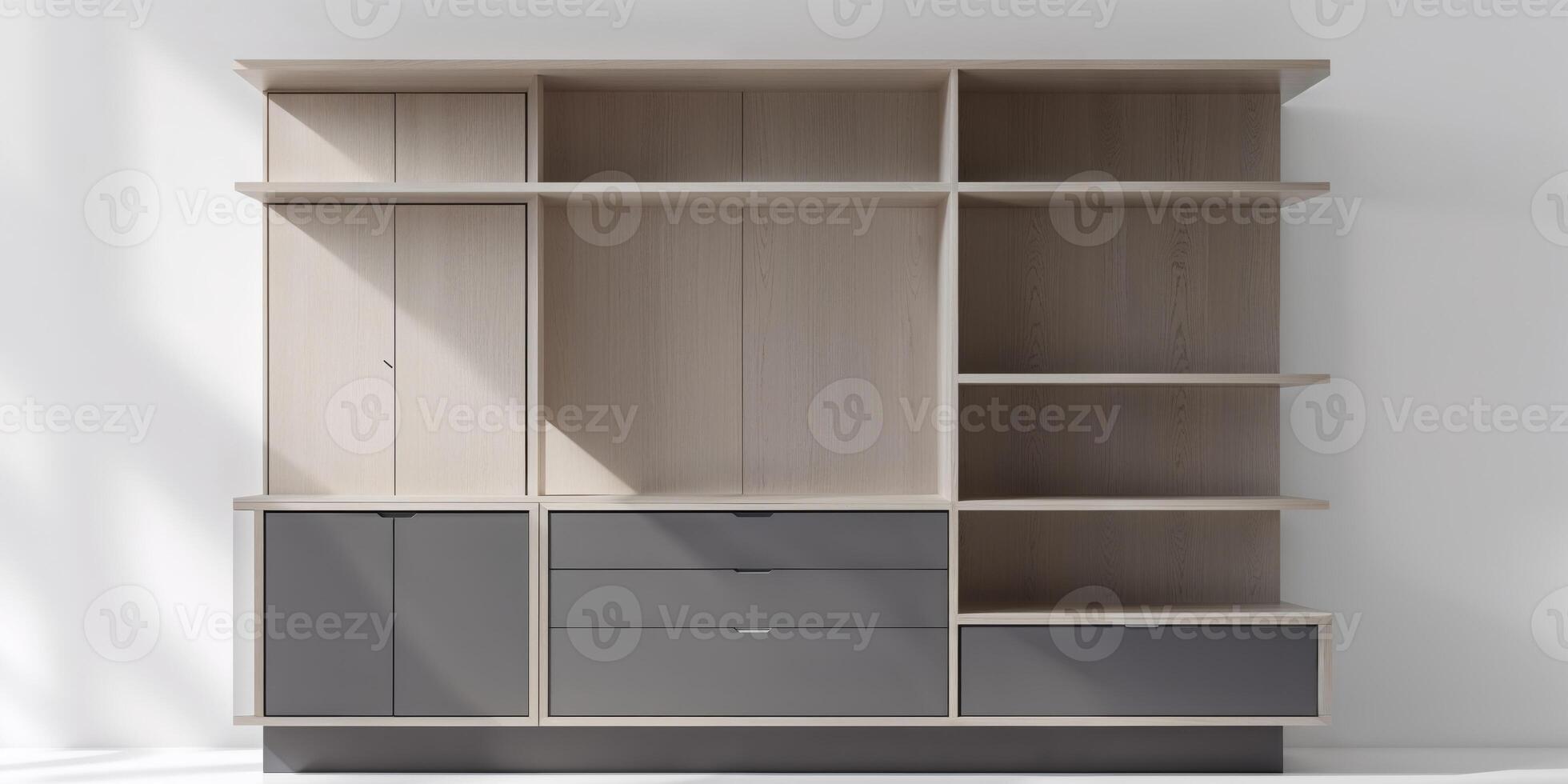 Modern Wooden Shelving Unit with Dark Gray Doors and Drawer Fronts photo