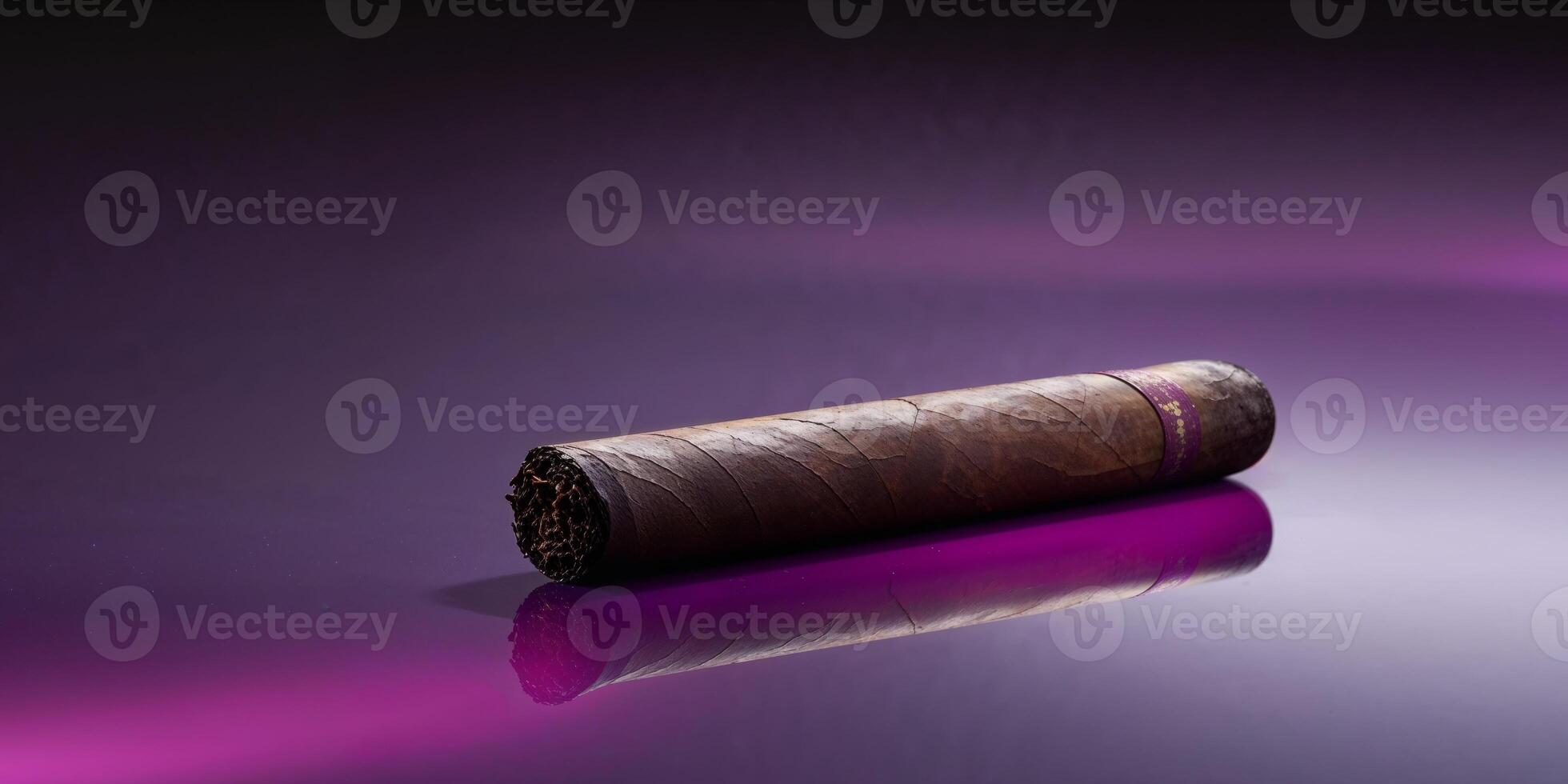 A single cigar sits on a smooth purple reflecting surface. photo