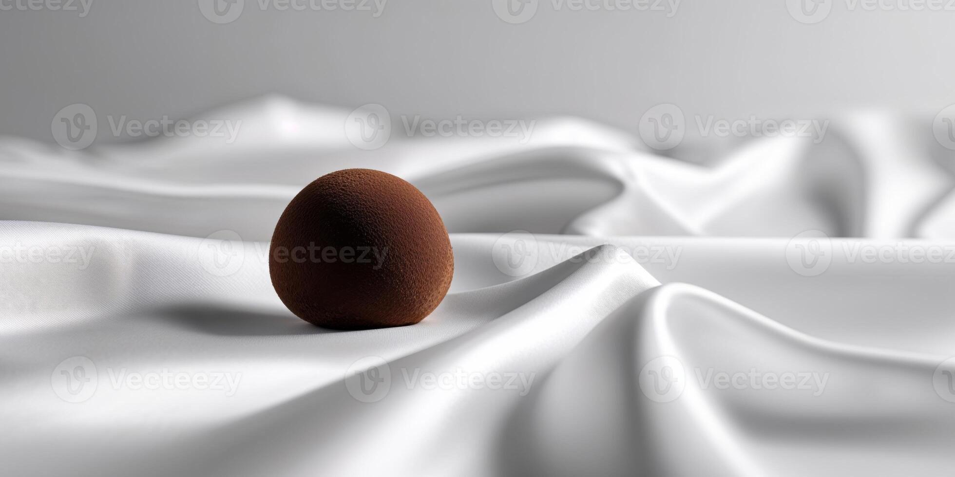 A Delicious Dark Chocolate Truffle Resting Gracefully on a Silken White Sheet. photo