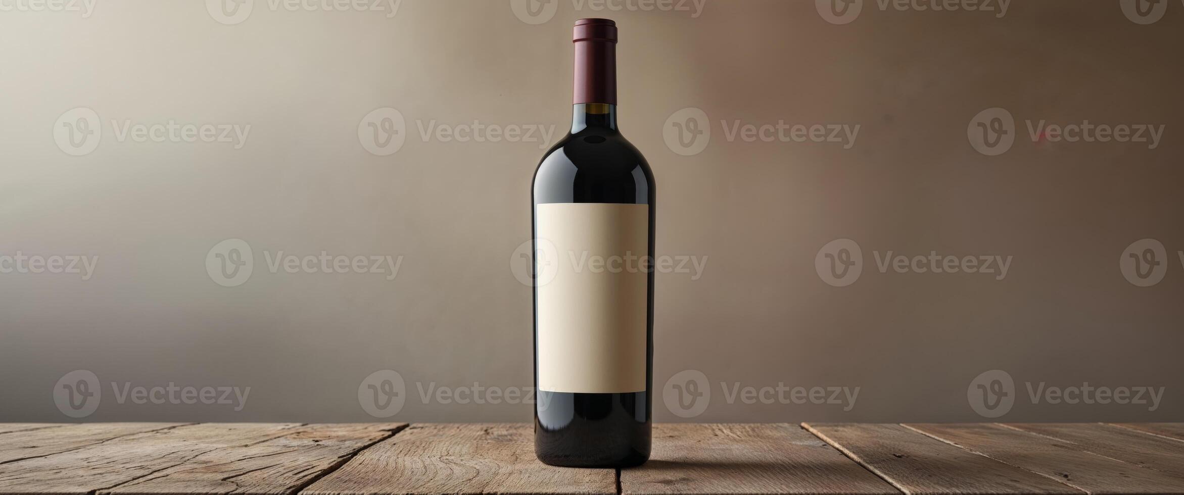 Red wine bottle on wooden table with blank label for customization photo