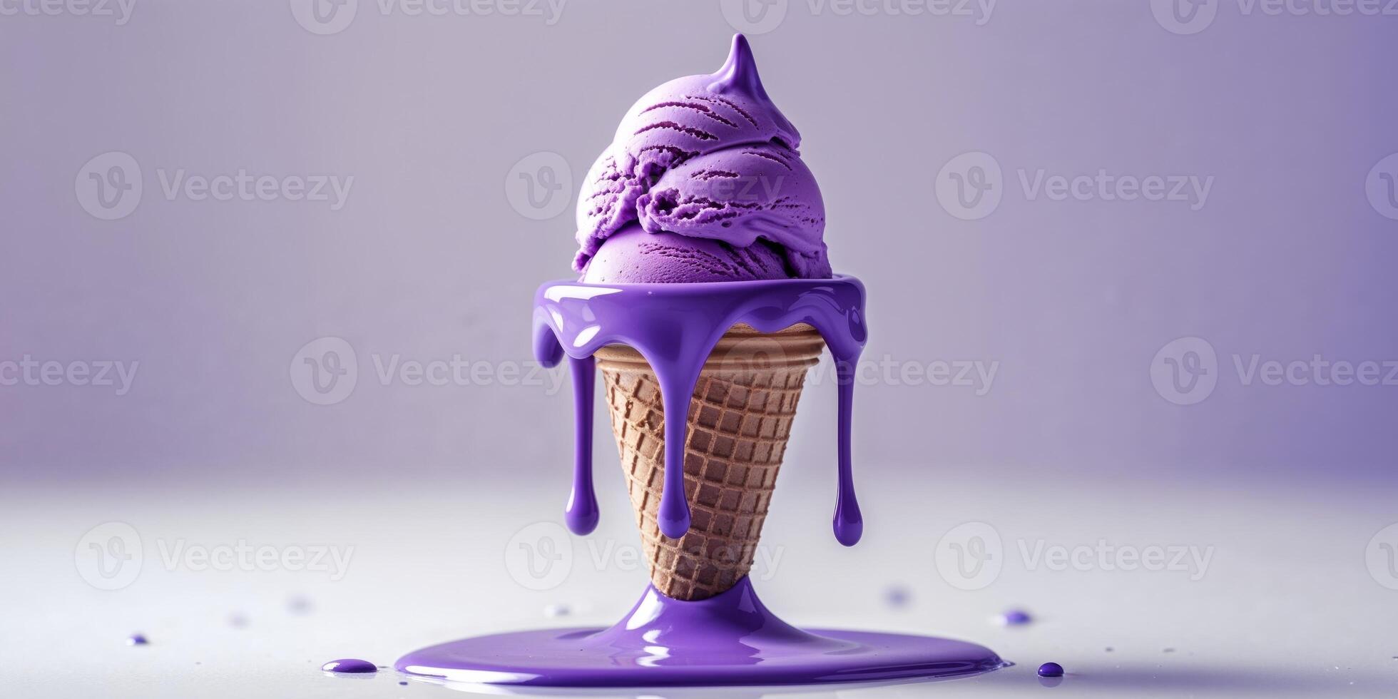 Melted Purple Ice Cream Cone Delicious Dessert Treat. photo