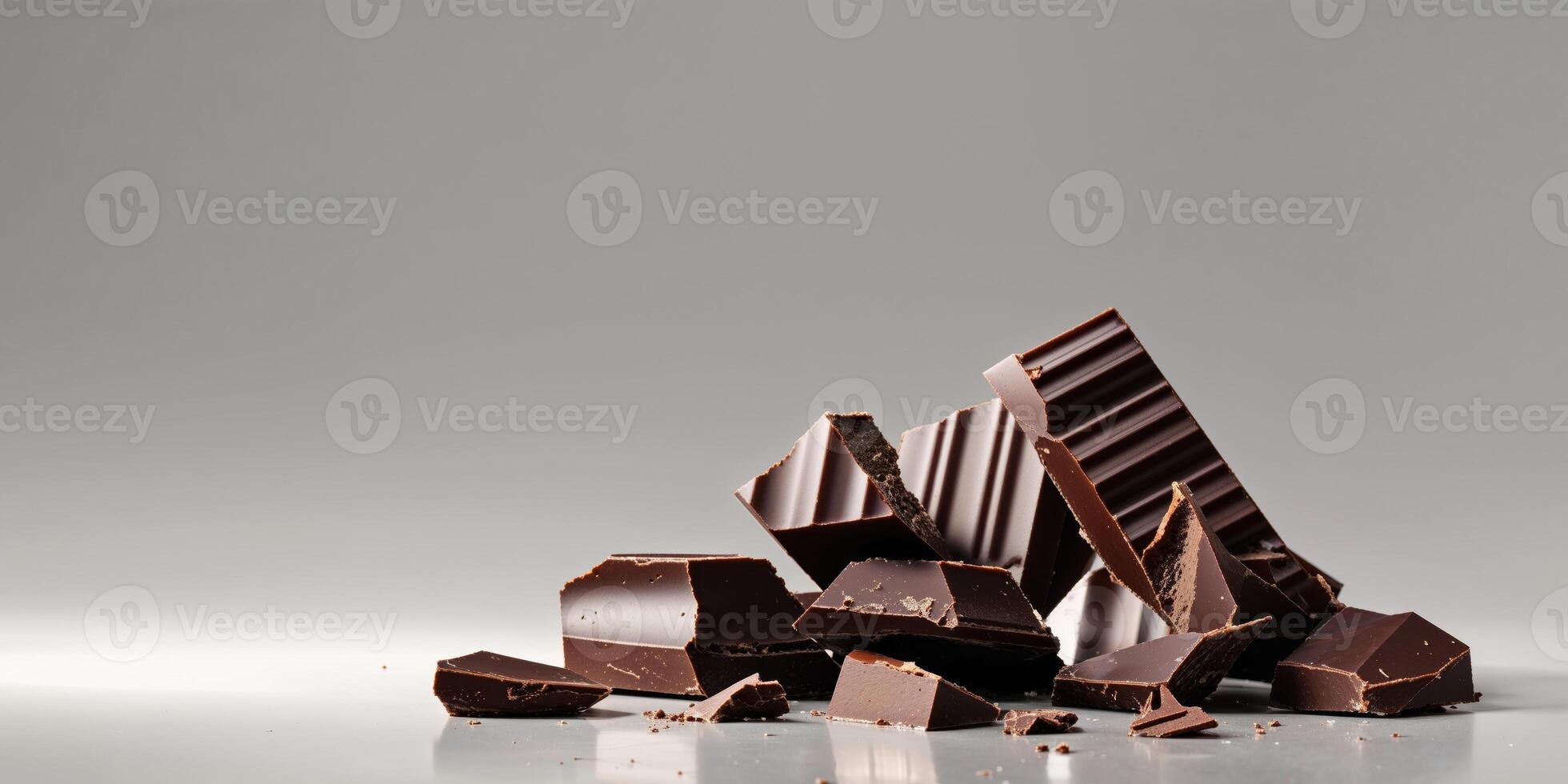Broken pieces of dark chocolate bars and chocolate chunks displayed. photo