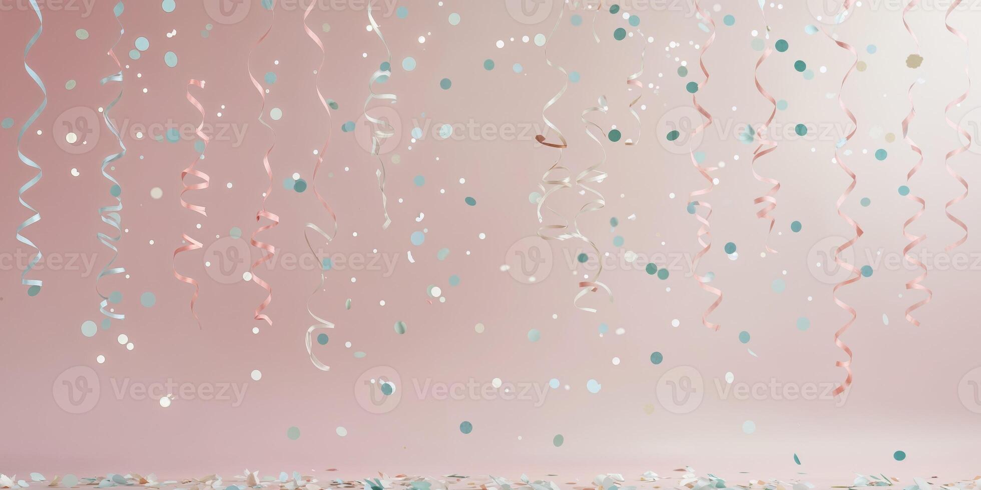 A pink and blue background with confetti and streamers photo