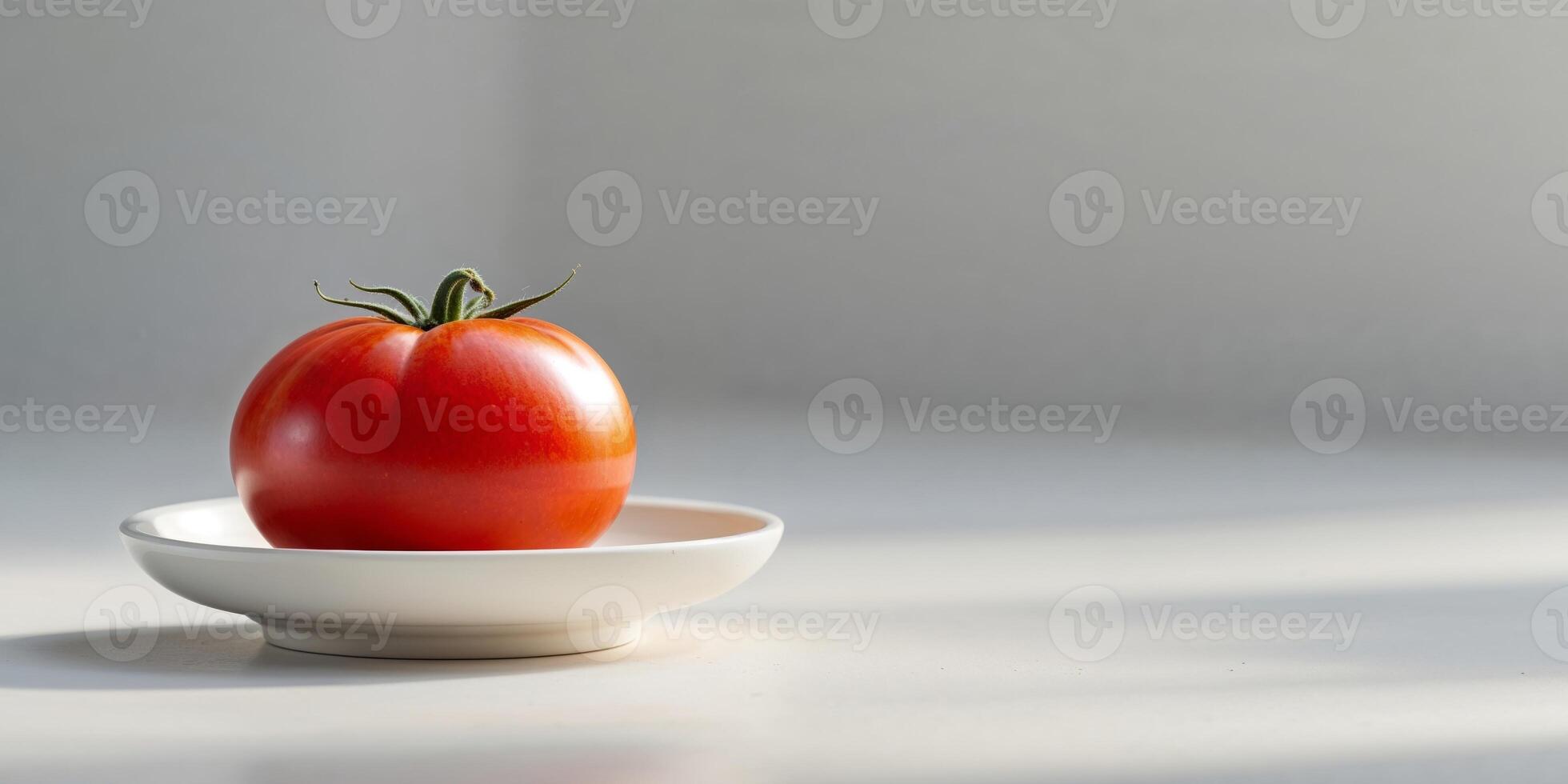 A tomato is sitting on a white plate photo