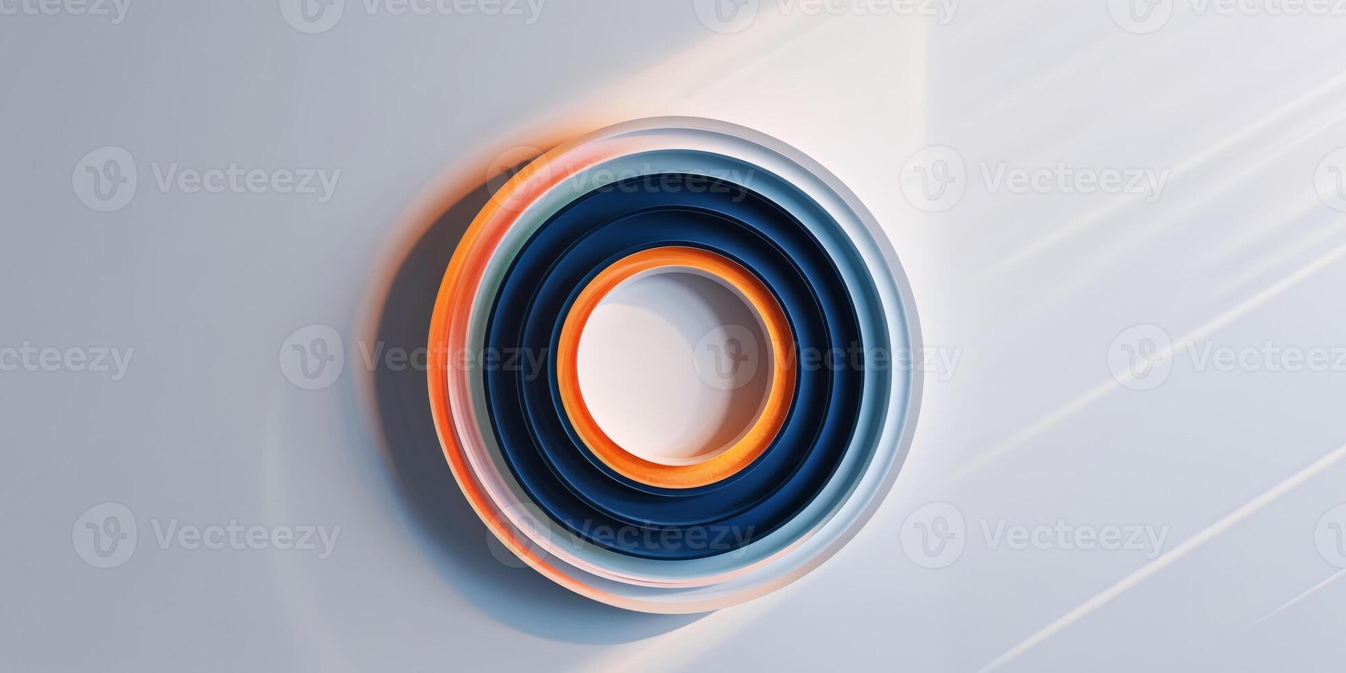 A circular object with orange, blue and white stripes photo