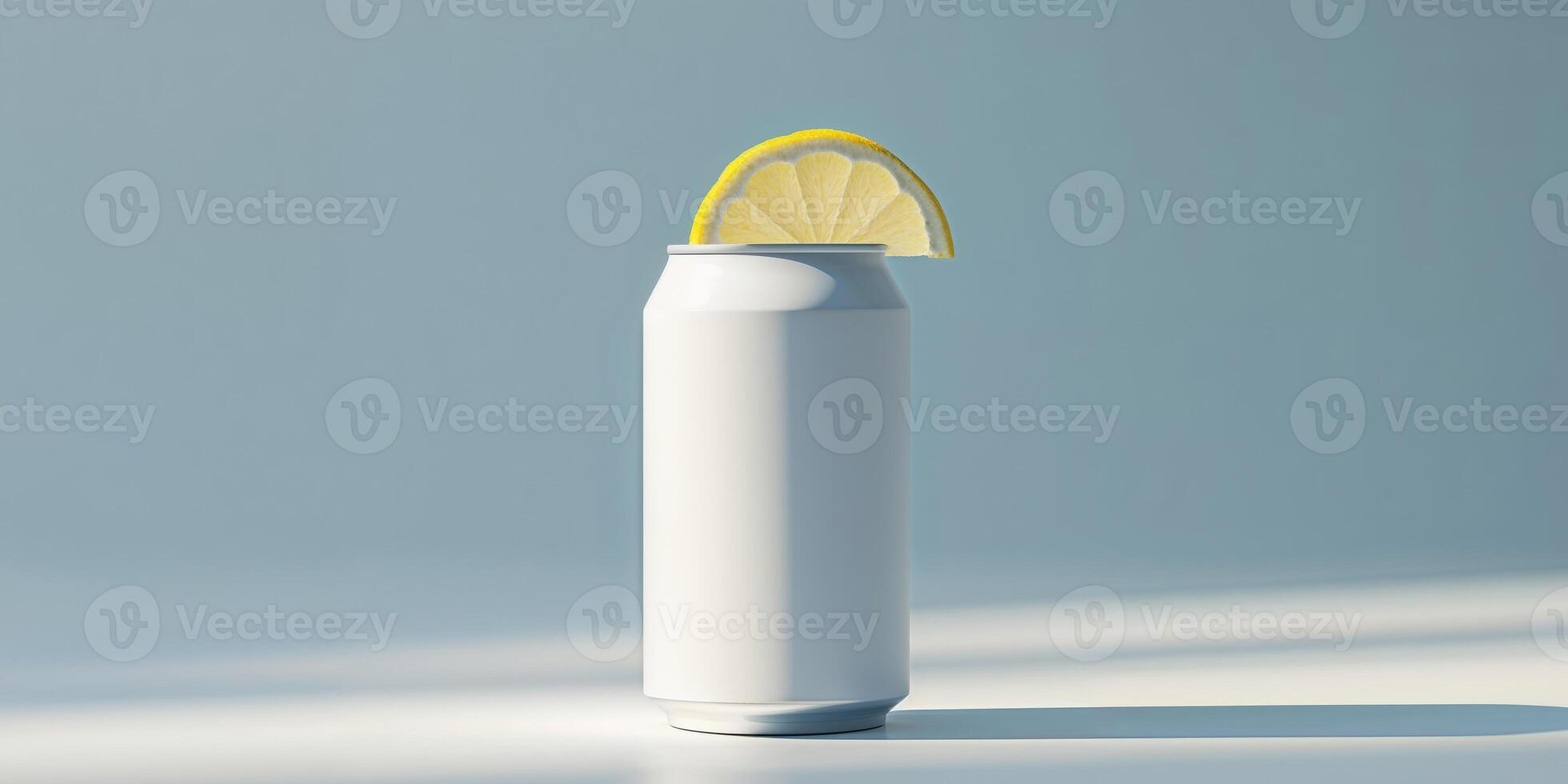 Blank White Soda Can with Lemon Slice on Light Blue Background. photo