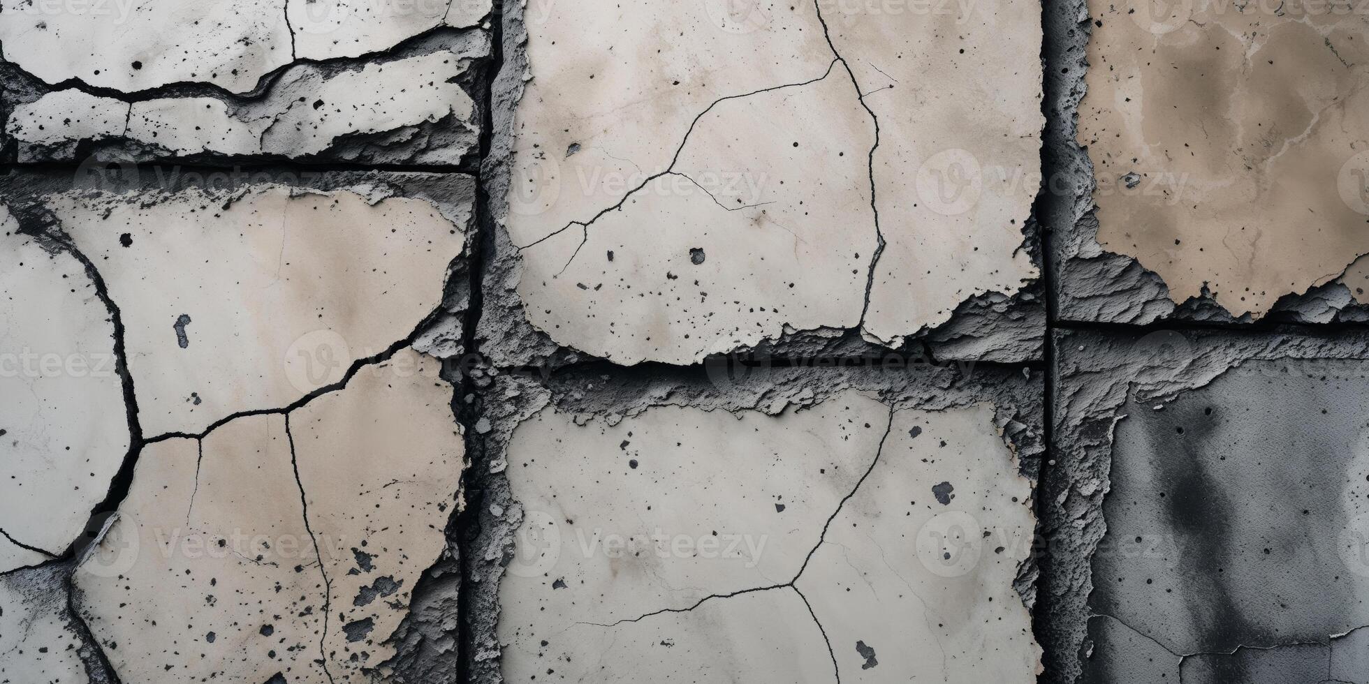 Worn concrete tiles with deep cracks and faded blackened surfaces. photo