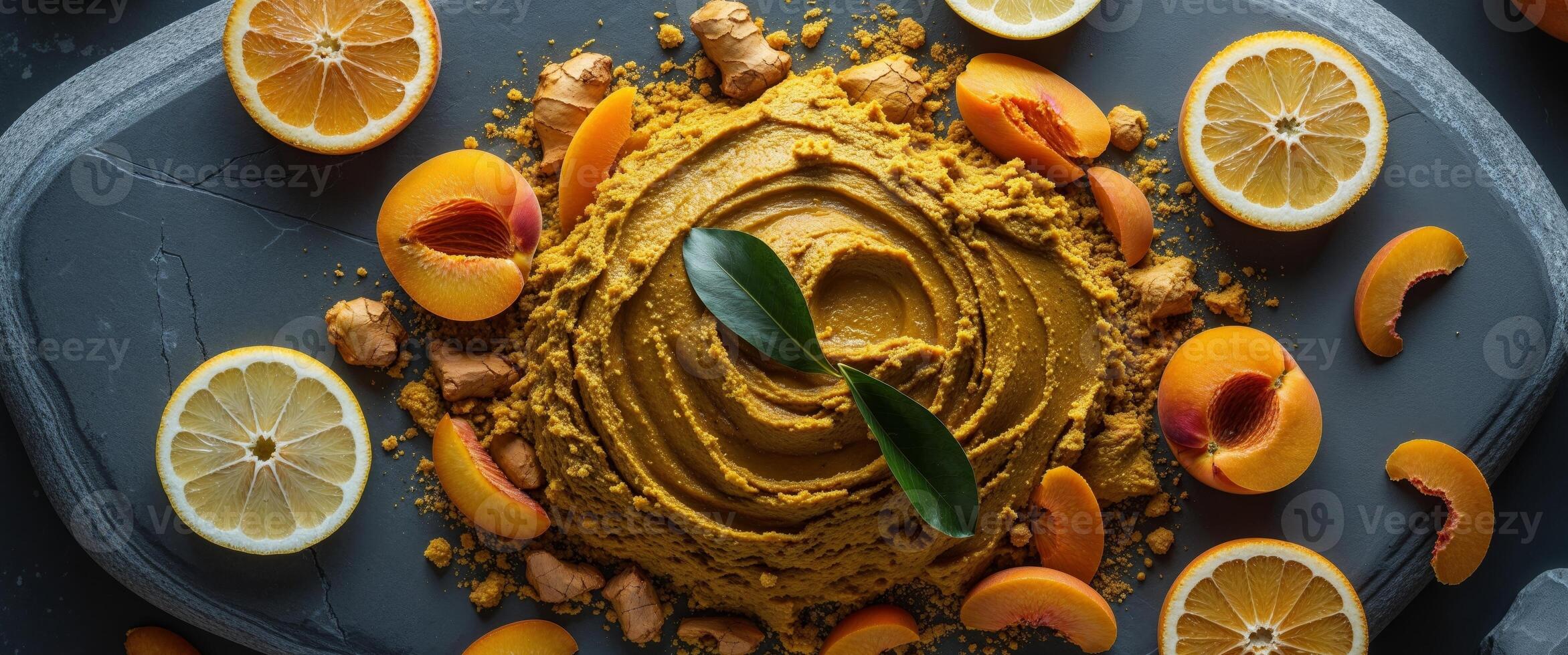 Fresh Ginger Turmeric Paste with Citrus and Apricot on Dark Stone Background. photo