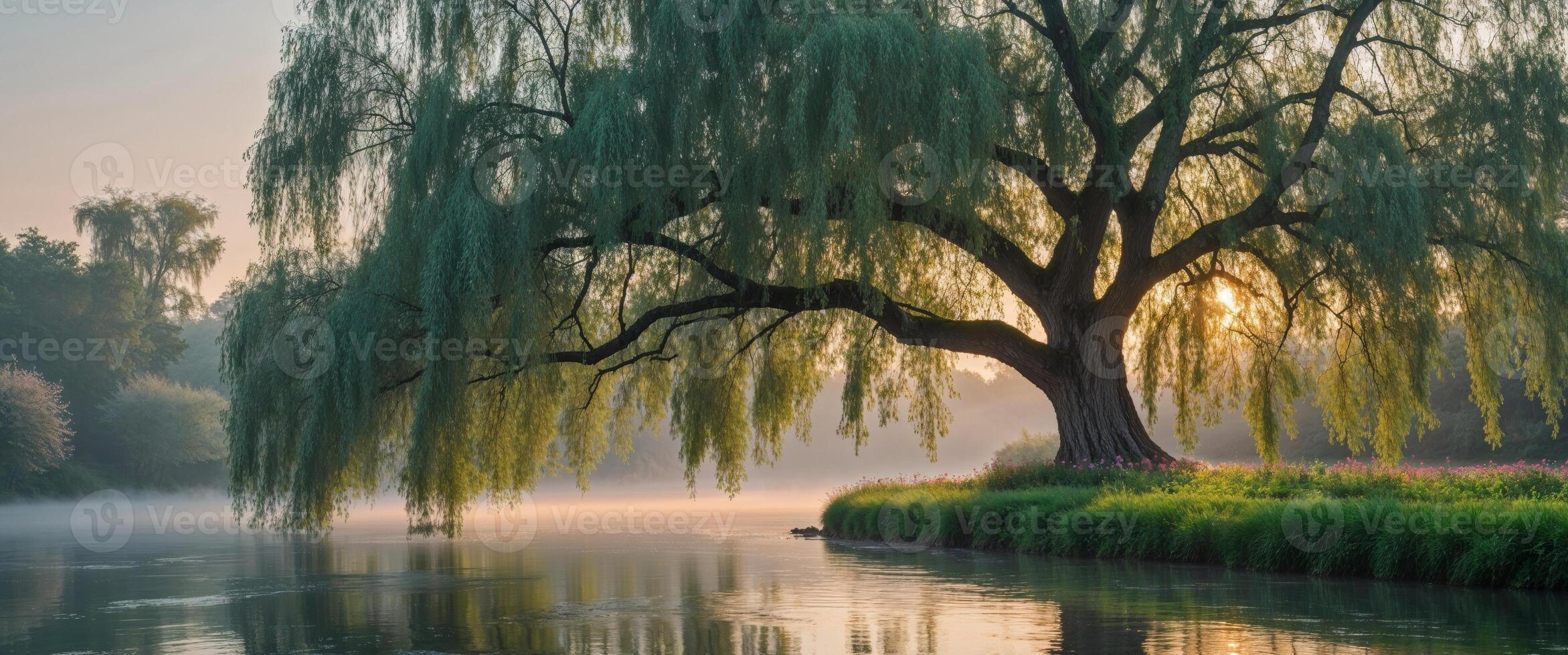 Morning Serenity by the River with a Large Willow Tree. photo