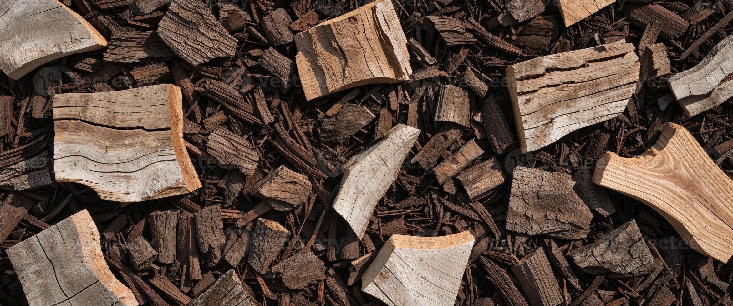 brown mulch texture dyed bark nuggets abstract wood pieces background banner. photo