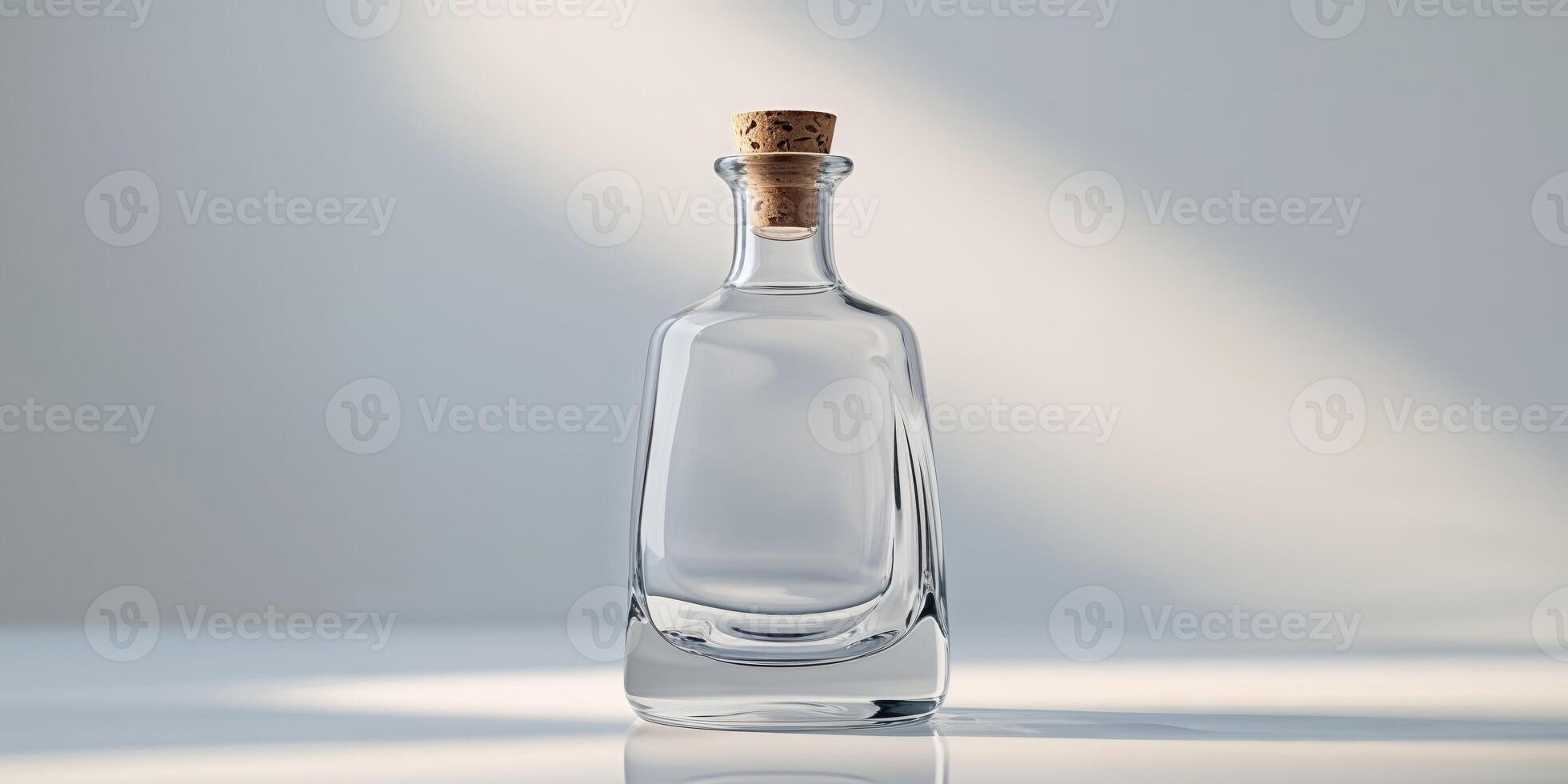 A glass bottle of alcohol with a cork stopper. photo
