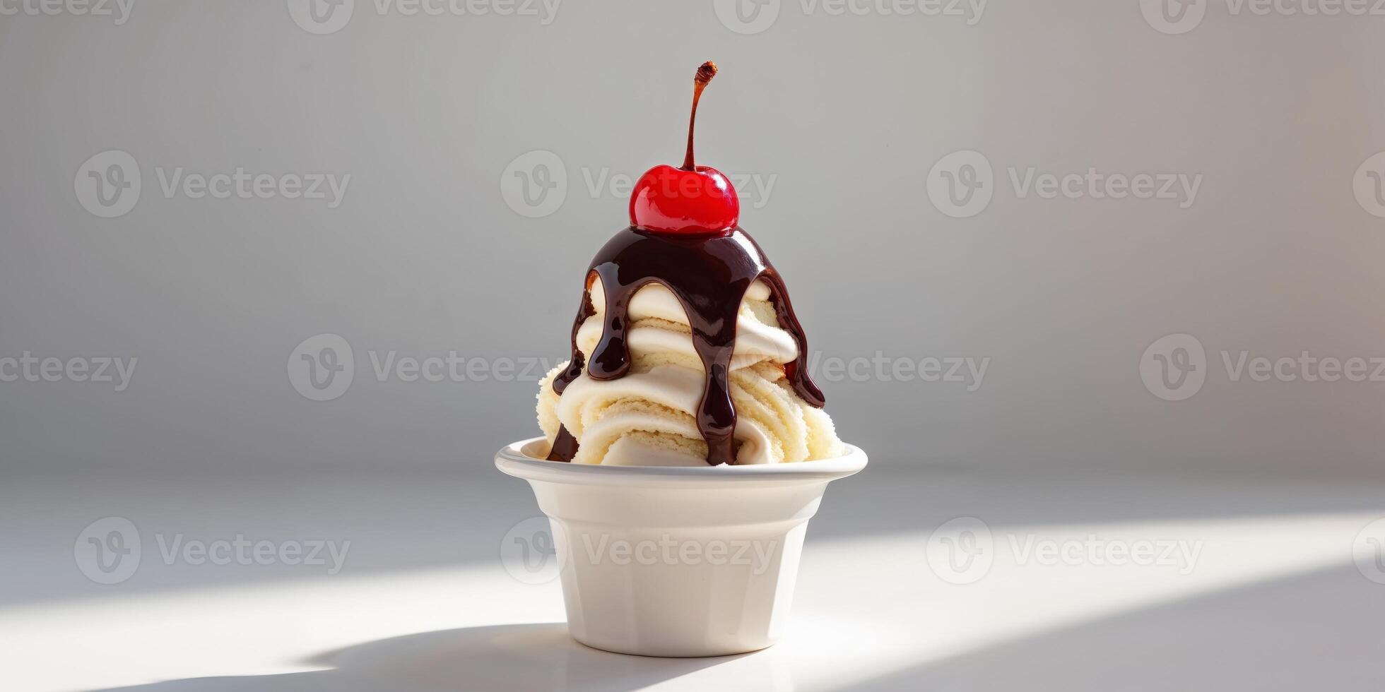 Vanilla Ice Cream Sundae with Chocolate Sauce and Cherry Topping photo