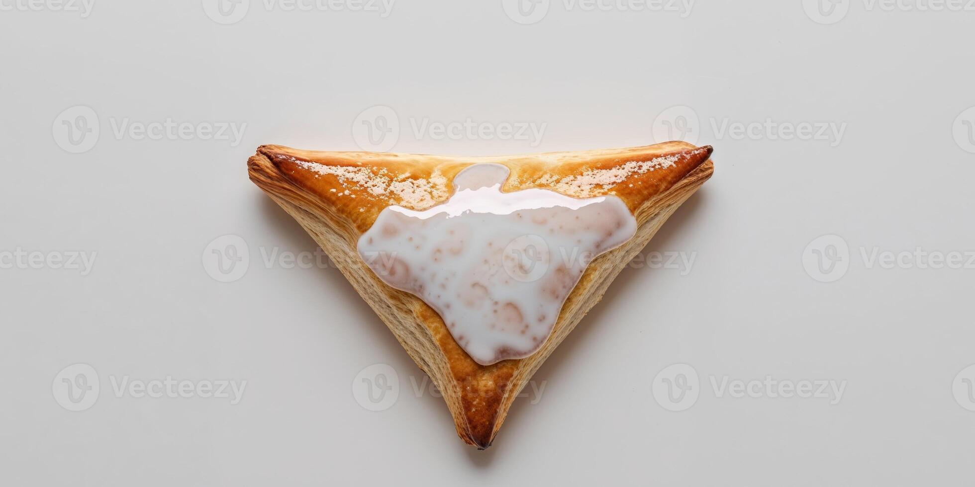 A triangular pastry with a golden brown crust and a glaze photo