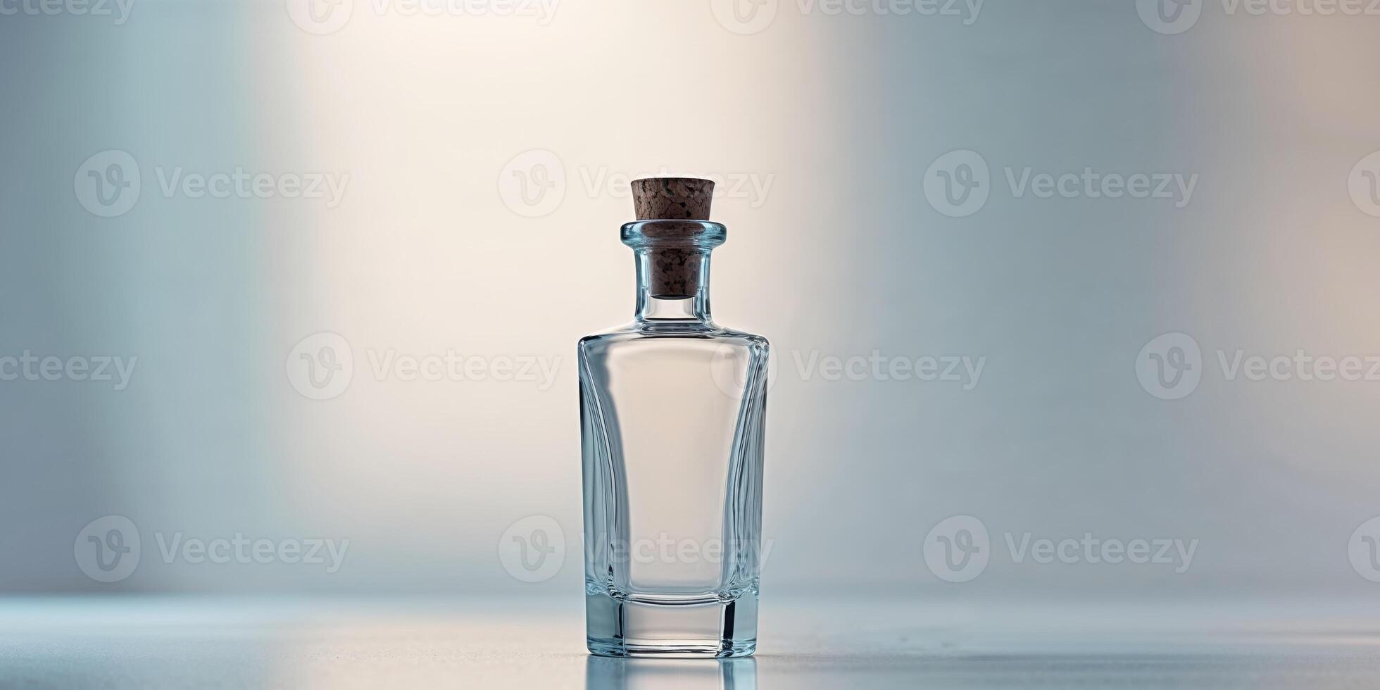 A glass bottle of alcohol with a cork stopper photo