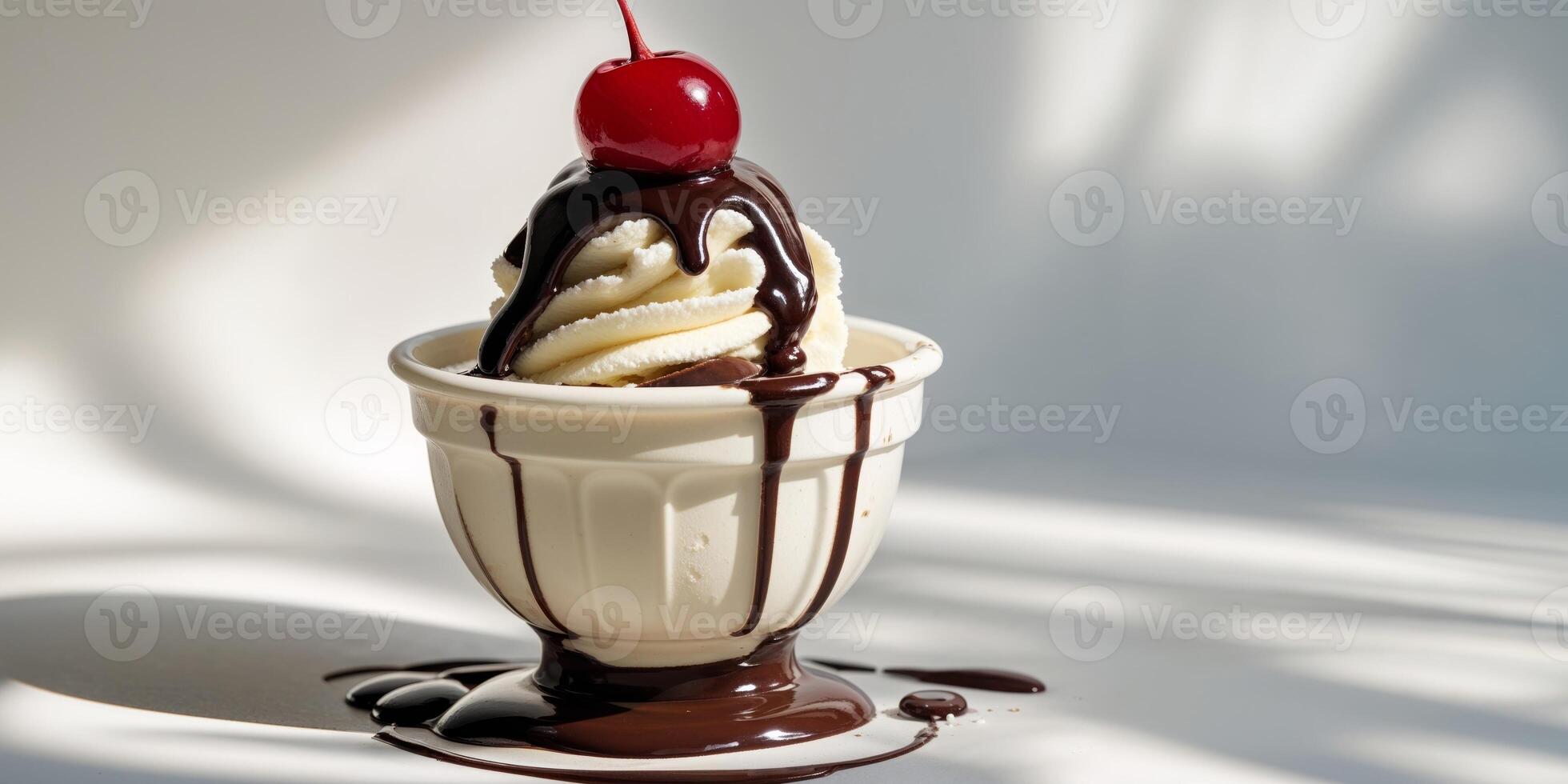 A chocolate ice cream sundae with a cherry on top photo