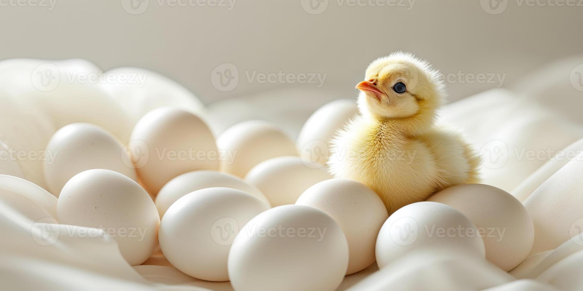 A baby chick is sitting in a bunch of white eggs photo