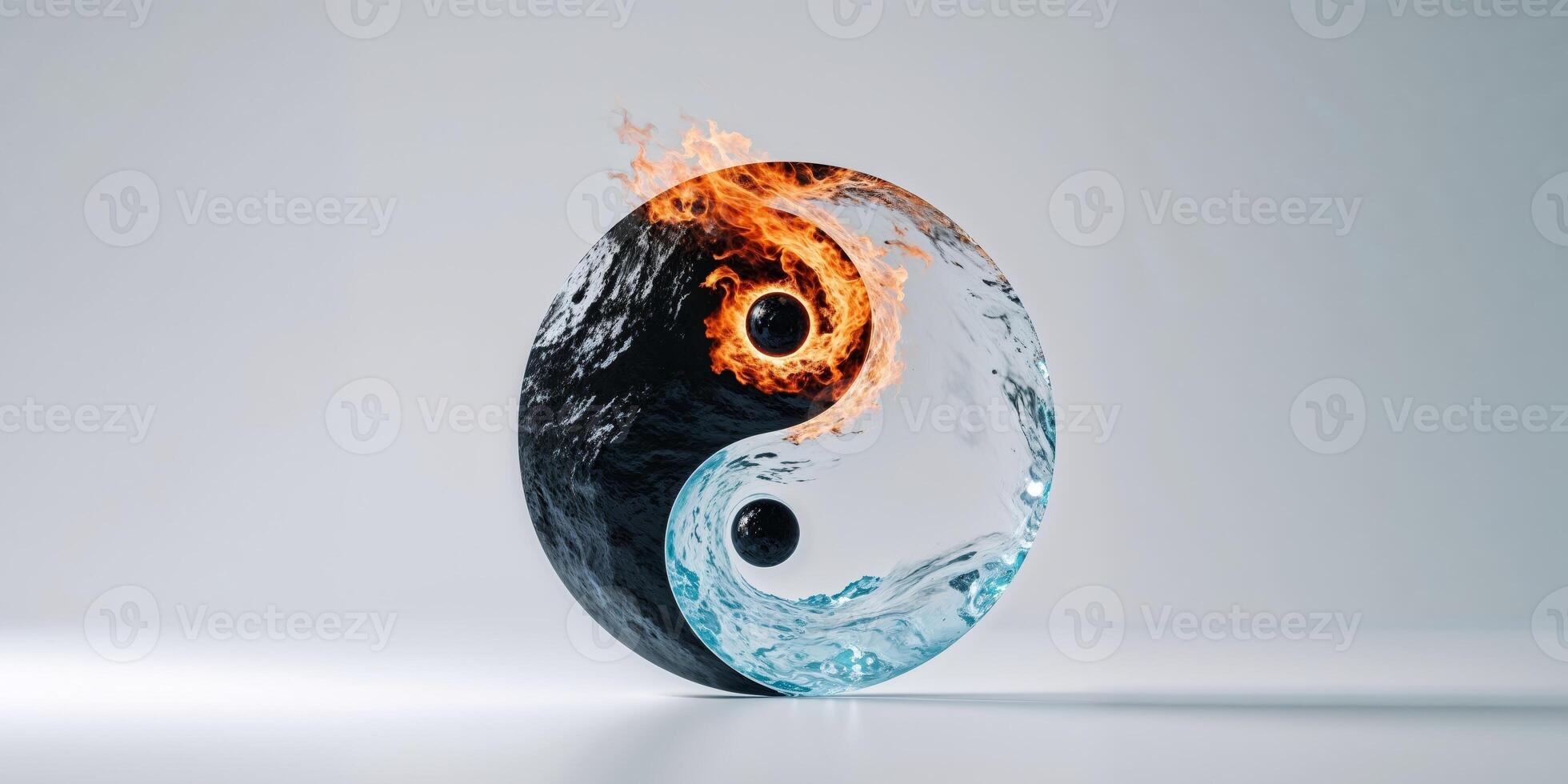 Yin yang symbol with fire and water on white background photo