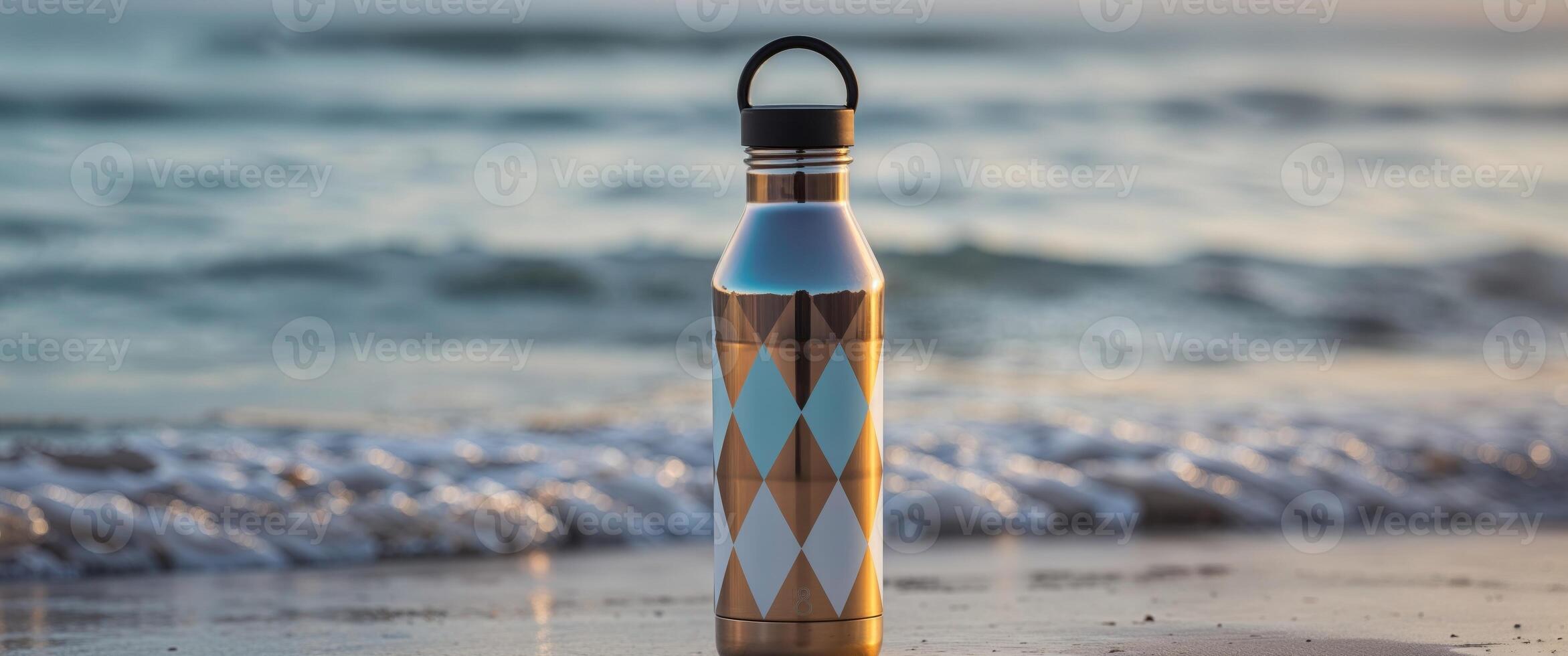 A water bottle sitting on the beach with the ocean in the background photo