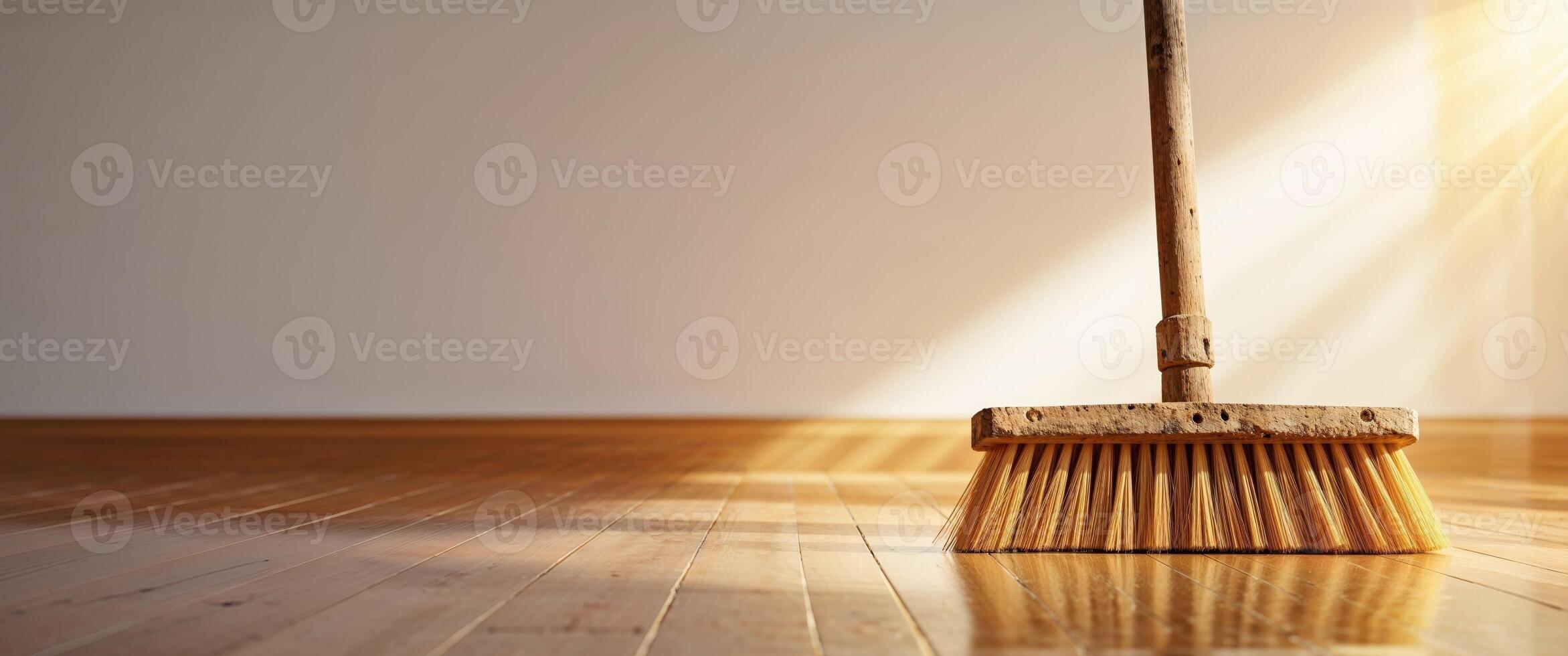 A broom on a wooden floor with sunlight shining through photo