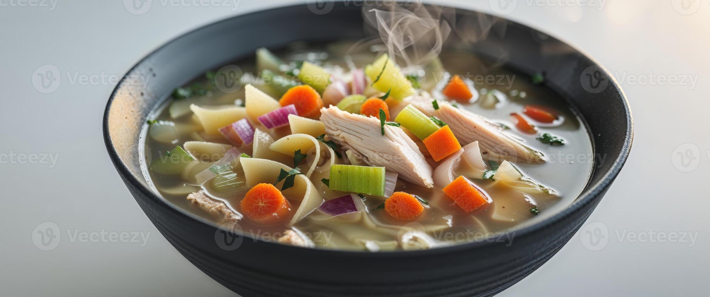 A bowl of soup with meat, vegetables and noodles photo