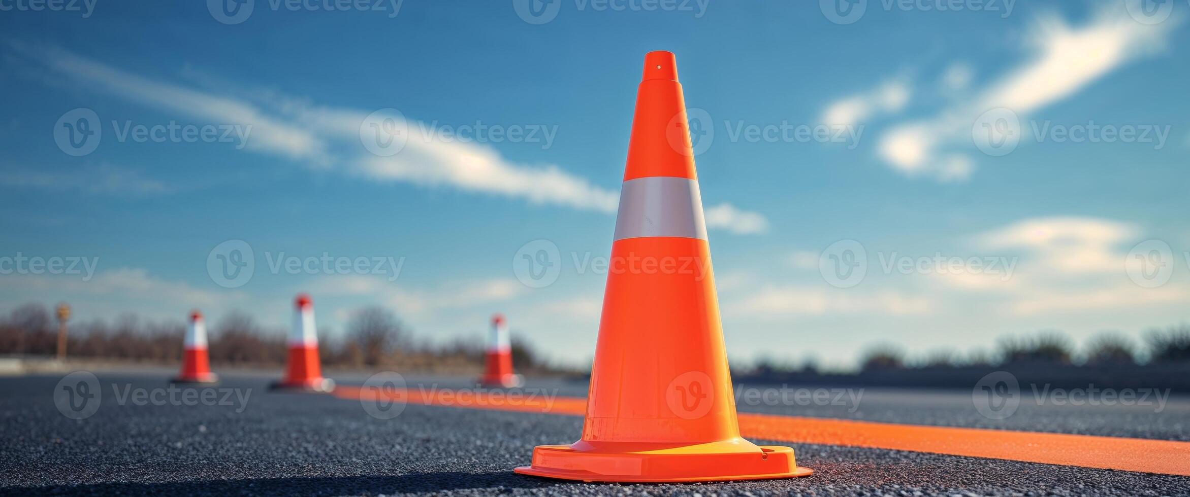 A traffic cone is sitting on the road photo