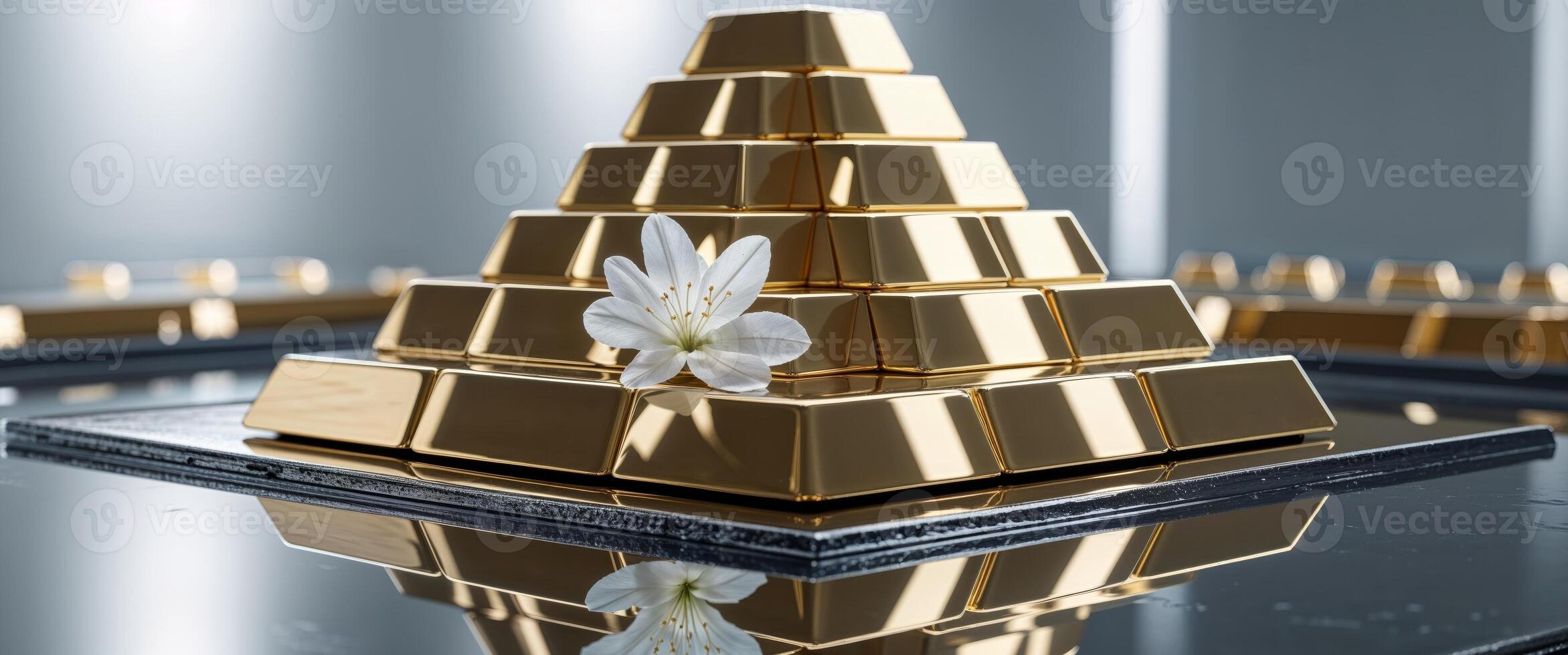 Gold pyramid with white flower on top photo