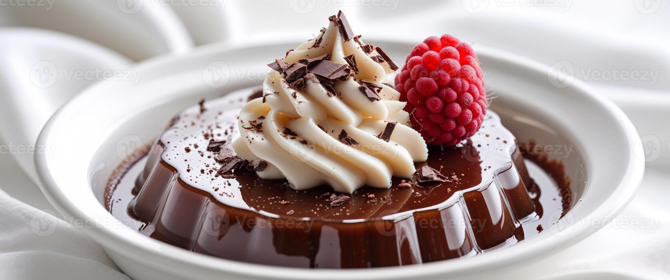 Chocolate pudding with whipped cream and raspberries photo