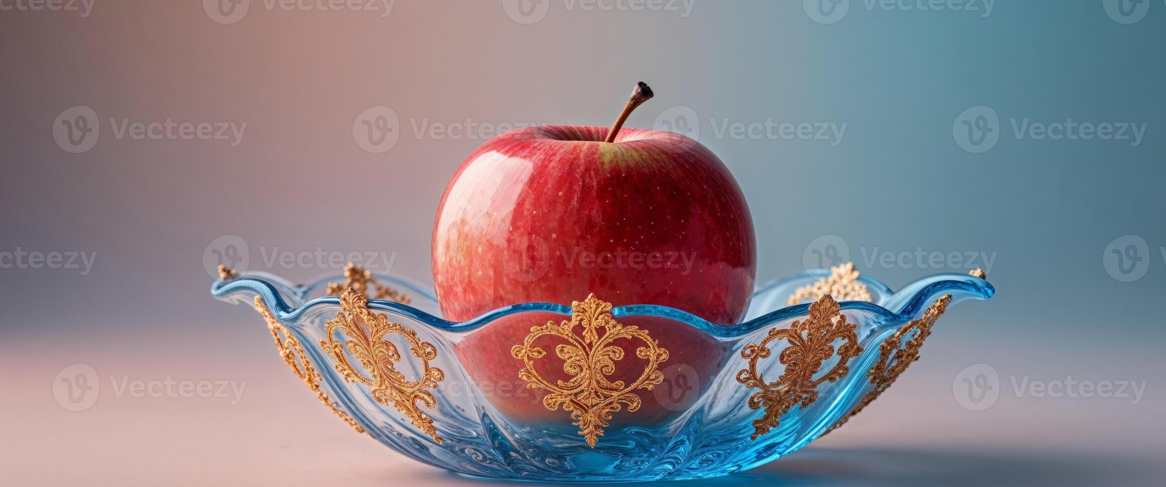 A red apple in a blue glass bowl photo