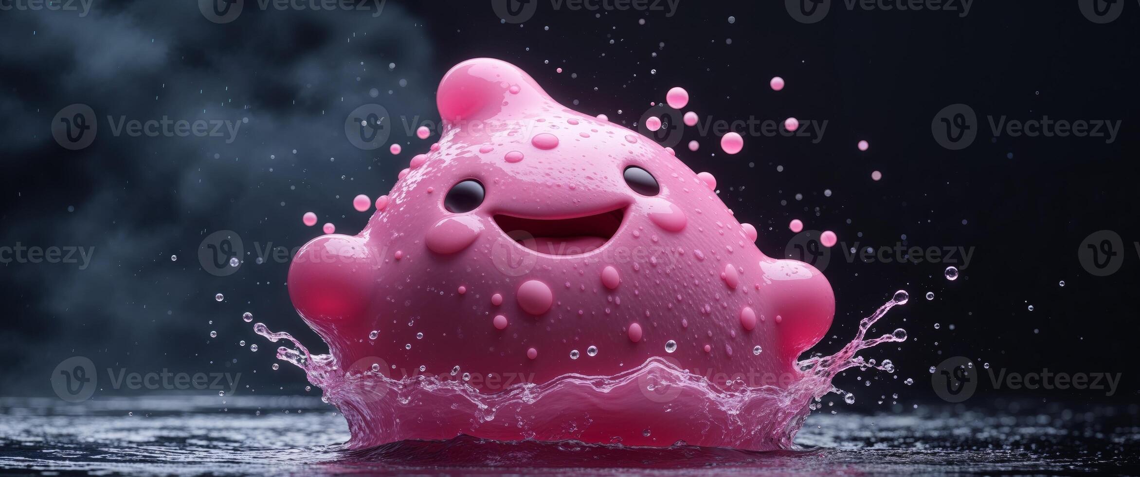 A pink toy is splashing water in the dark photo