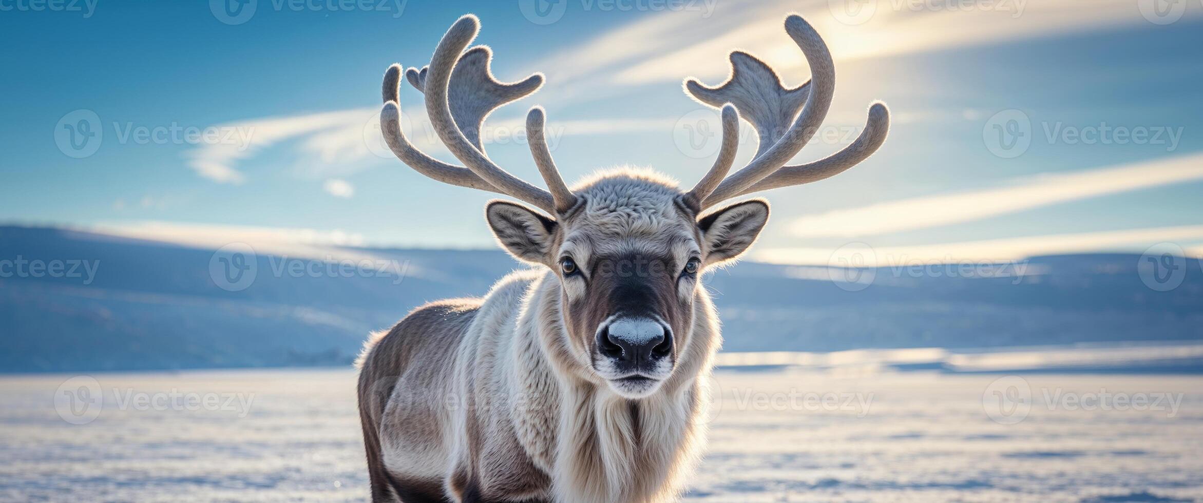 Reindeer in Arctic tundra snowy landscape bright daylight. photo