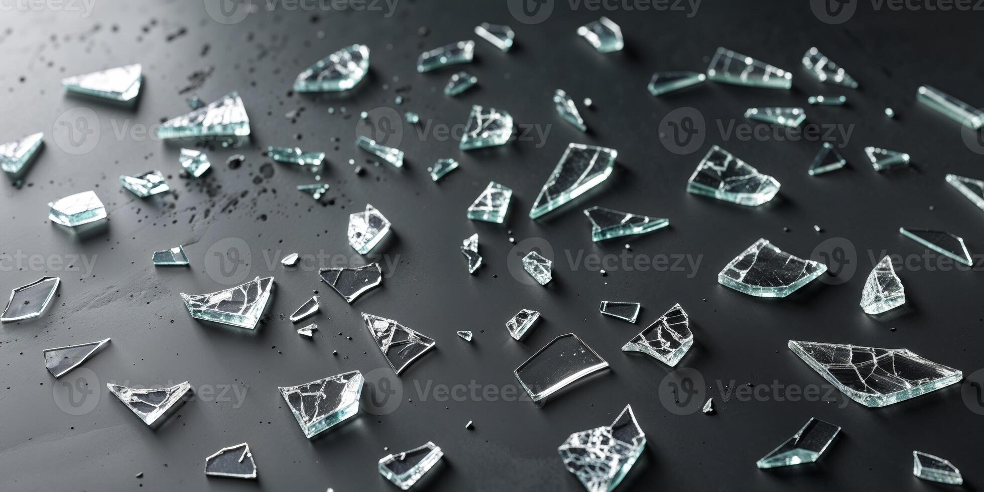 Pieces of shattered clear glass scattered across a dark charcoal background photo
