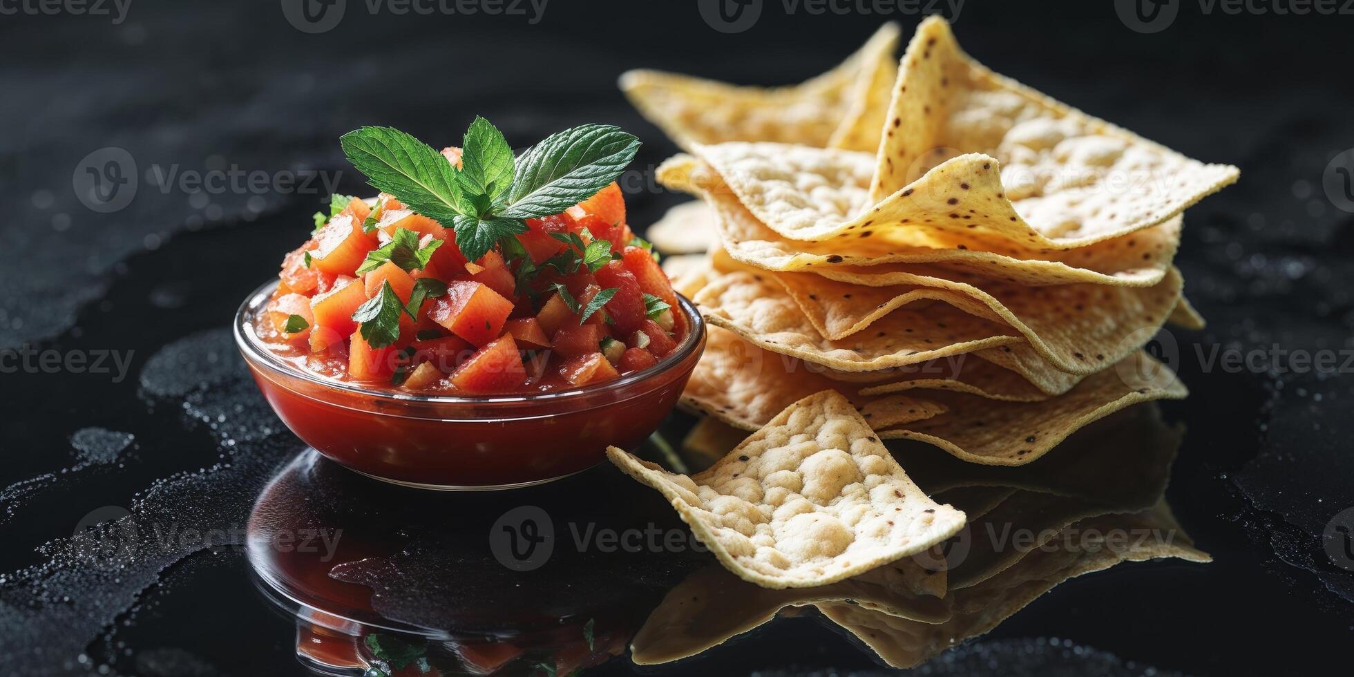 Fresh Tomato Salsa with Mint and Chips on Dark Surface. photo