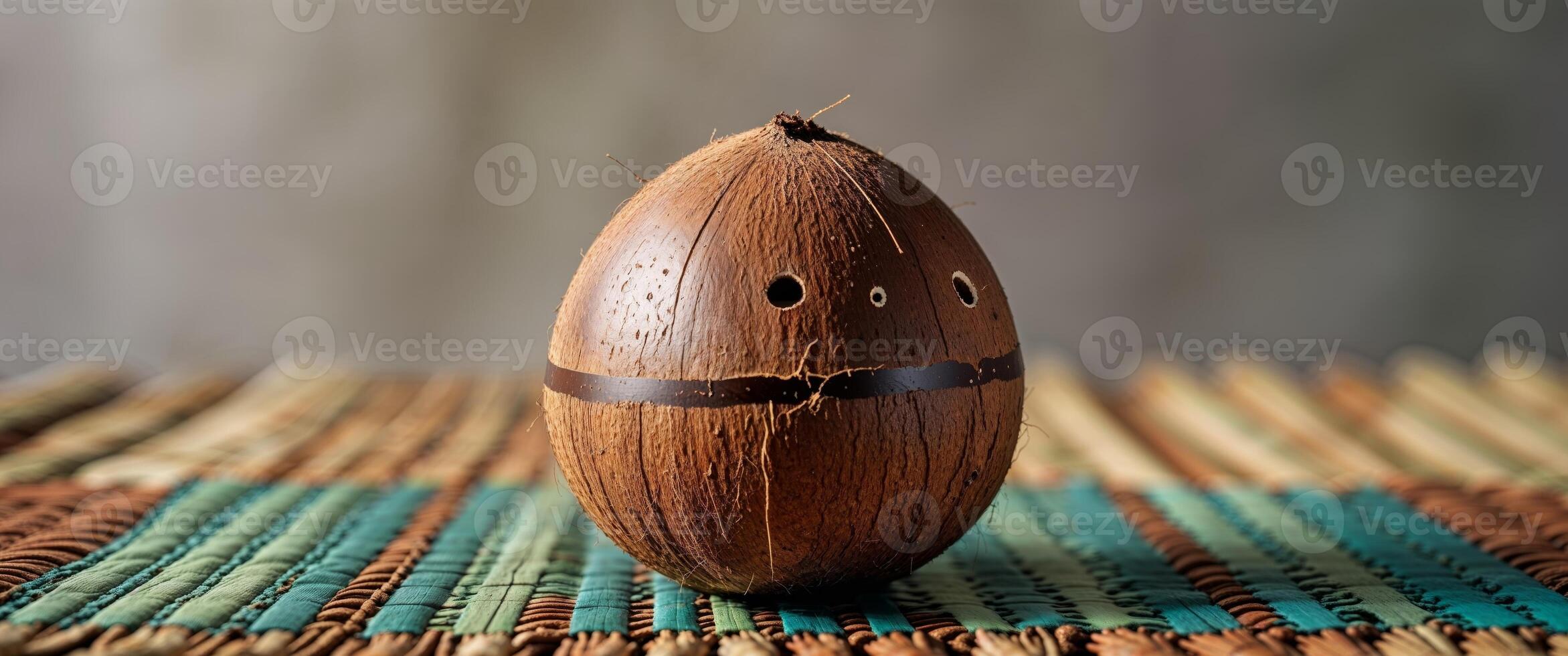 Coconut with three small holes on a tropical mat photo