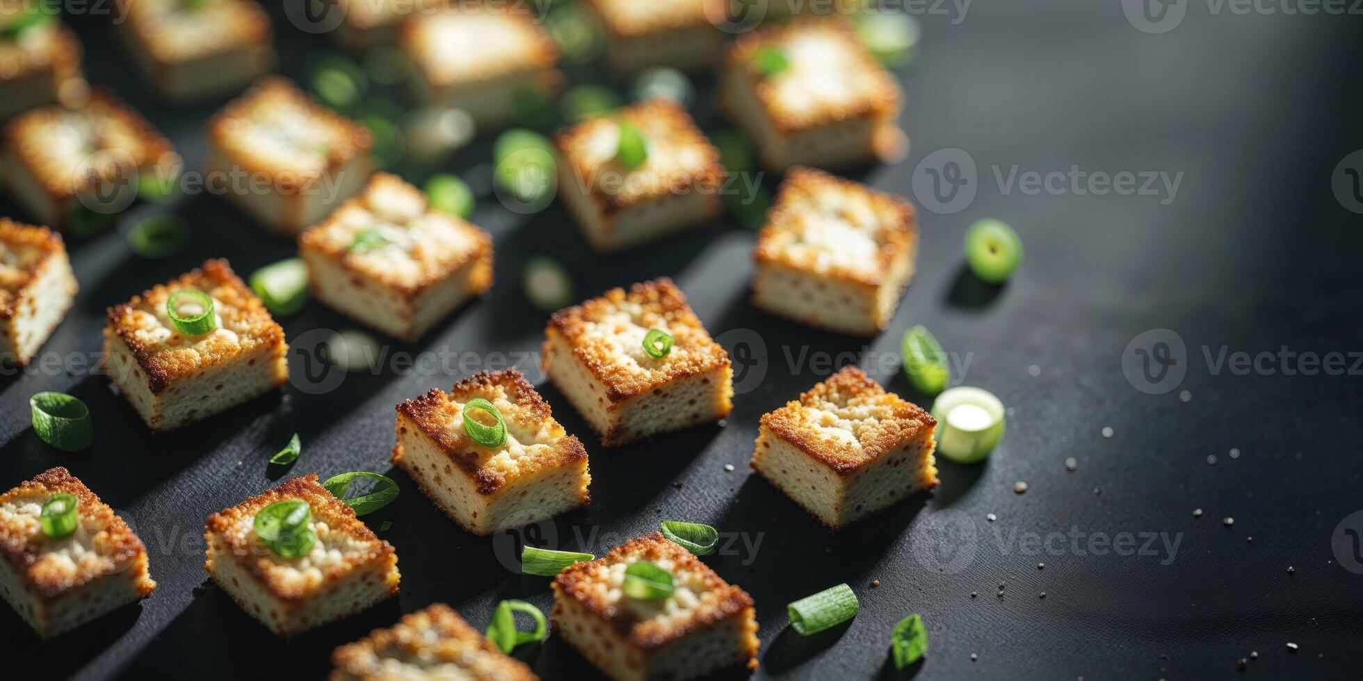 Pan Fried Tofu Cubes with Green Onions on Dark Background photo