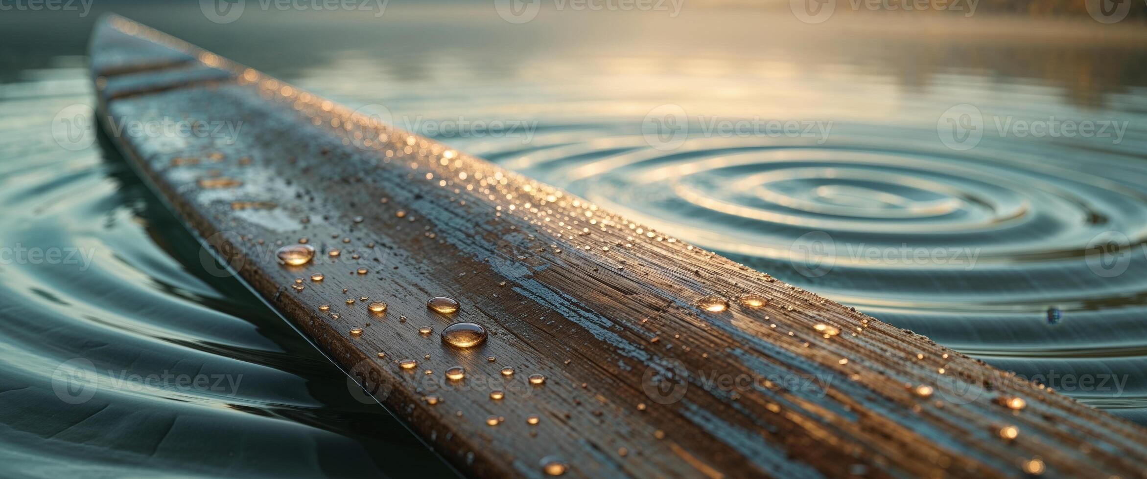 focus closely on textured surface of wooden oar glistening under soft morning sun while gentle ripples of clear water photo