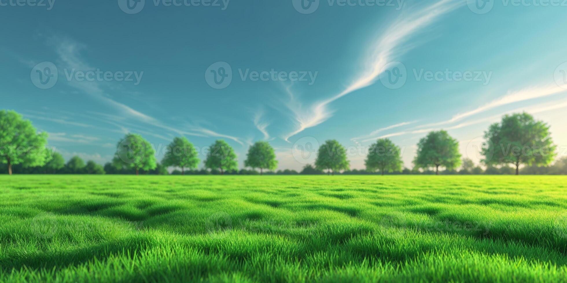 Bright green lawn with clear blue sky and lined trees in the background during daylight hours photo