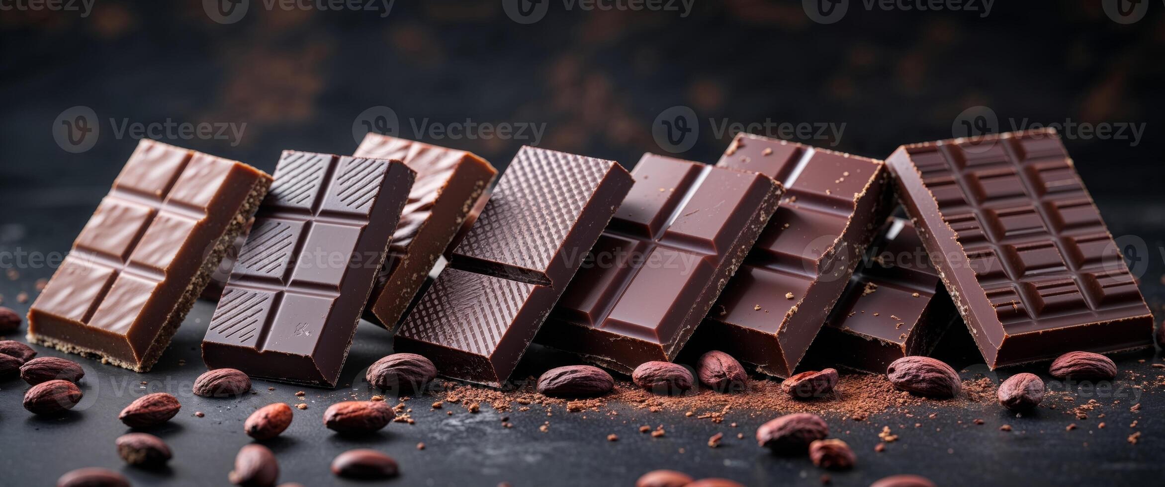 Assorted Dark Chocolate Bar Squares and Cocoa Beans on a Decorative Dark Background photo
