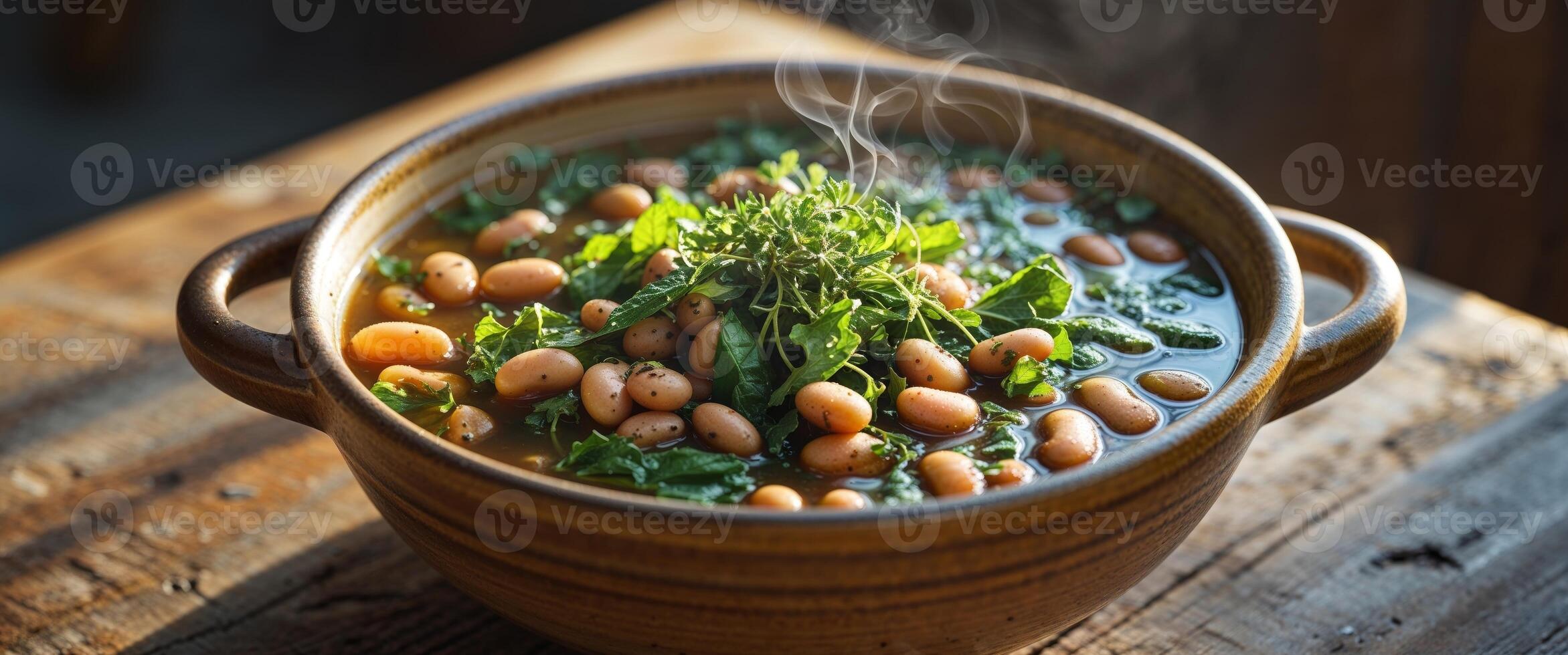 A nutritious bowl of hearty soup filled with beans and fresh greens for a healthy and satisfying meal. photo