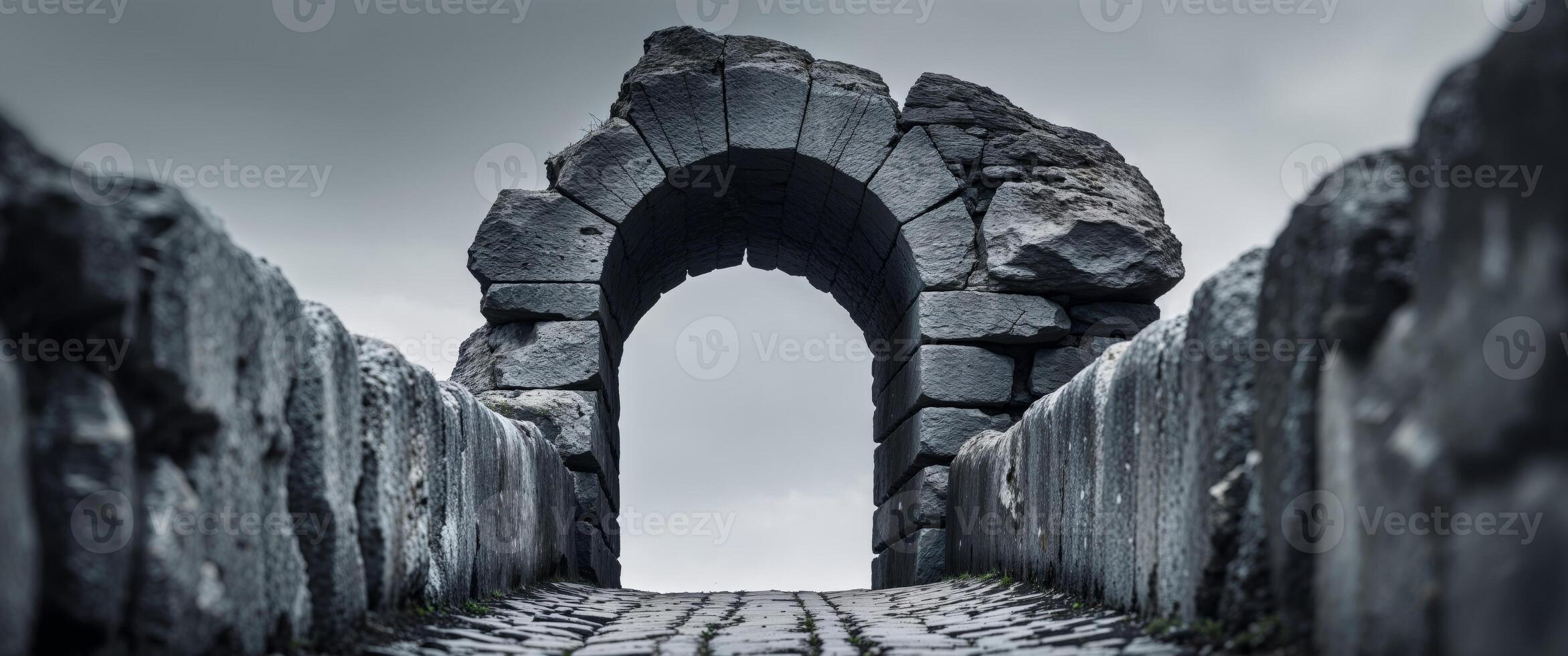 A crude stone arch precariously balanced straddles a narrow lane photo