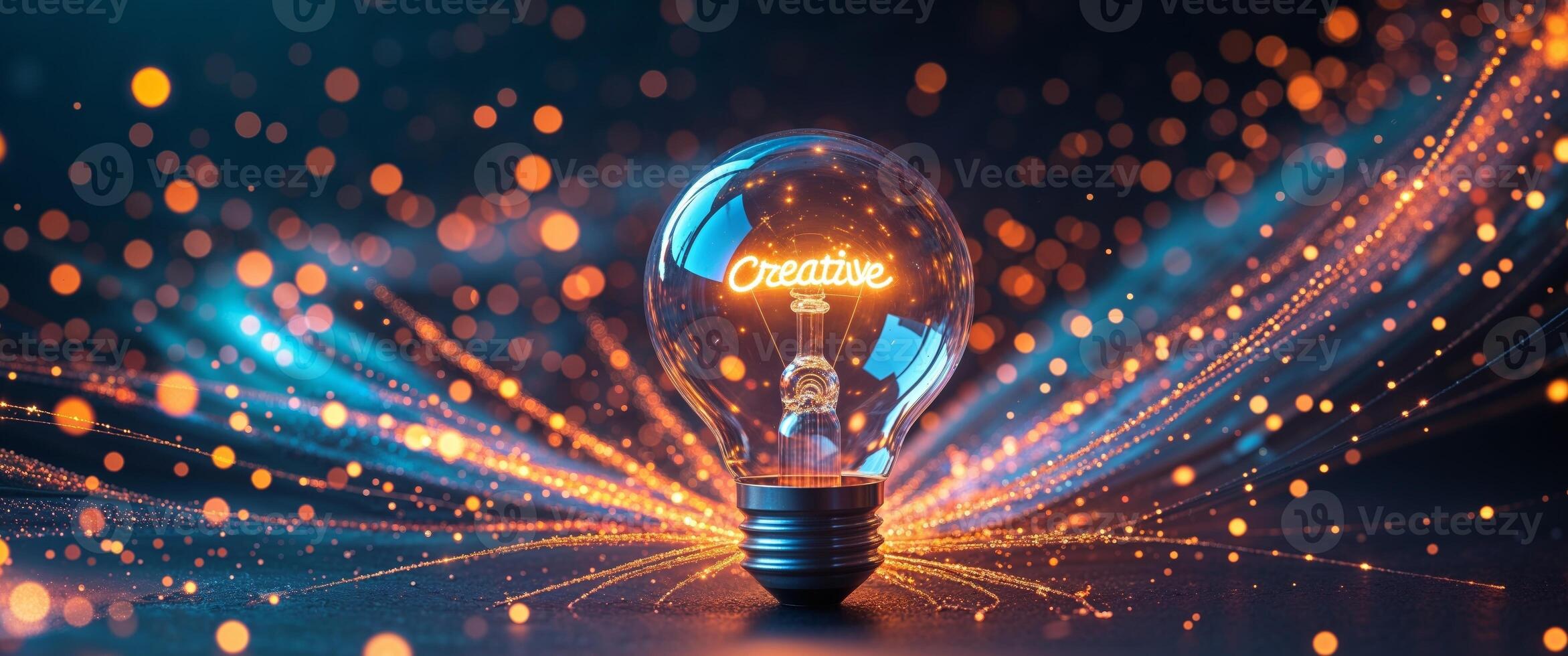 Creative Light Bulb Surrounded by Fiery Particles and Lights photo