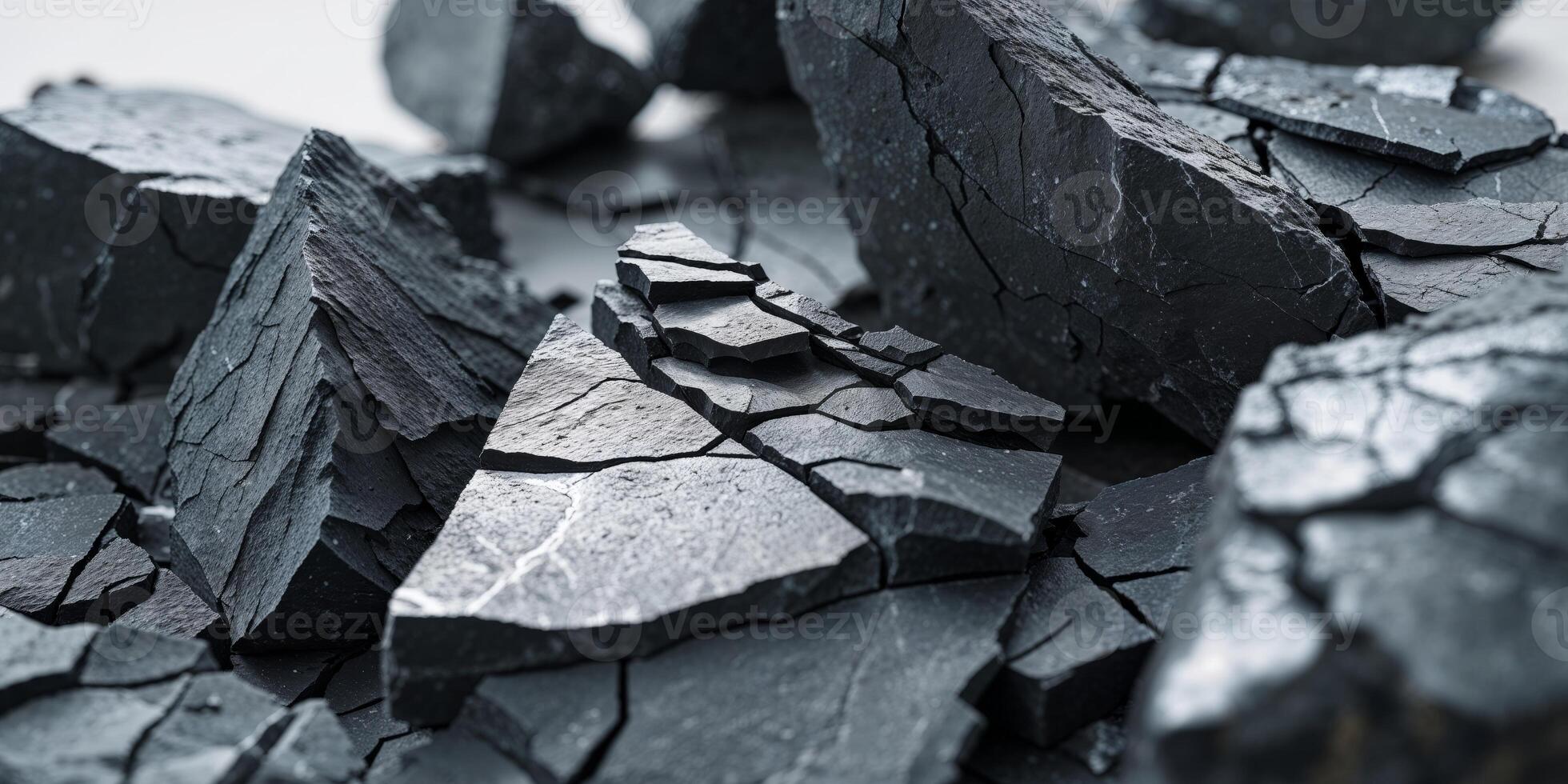 Closeup of dark broken slate stones with sharp textures and cracks. photo