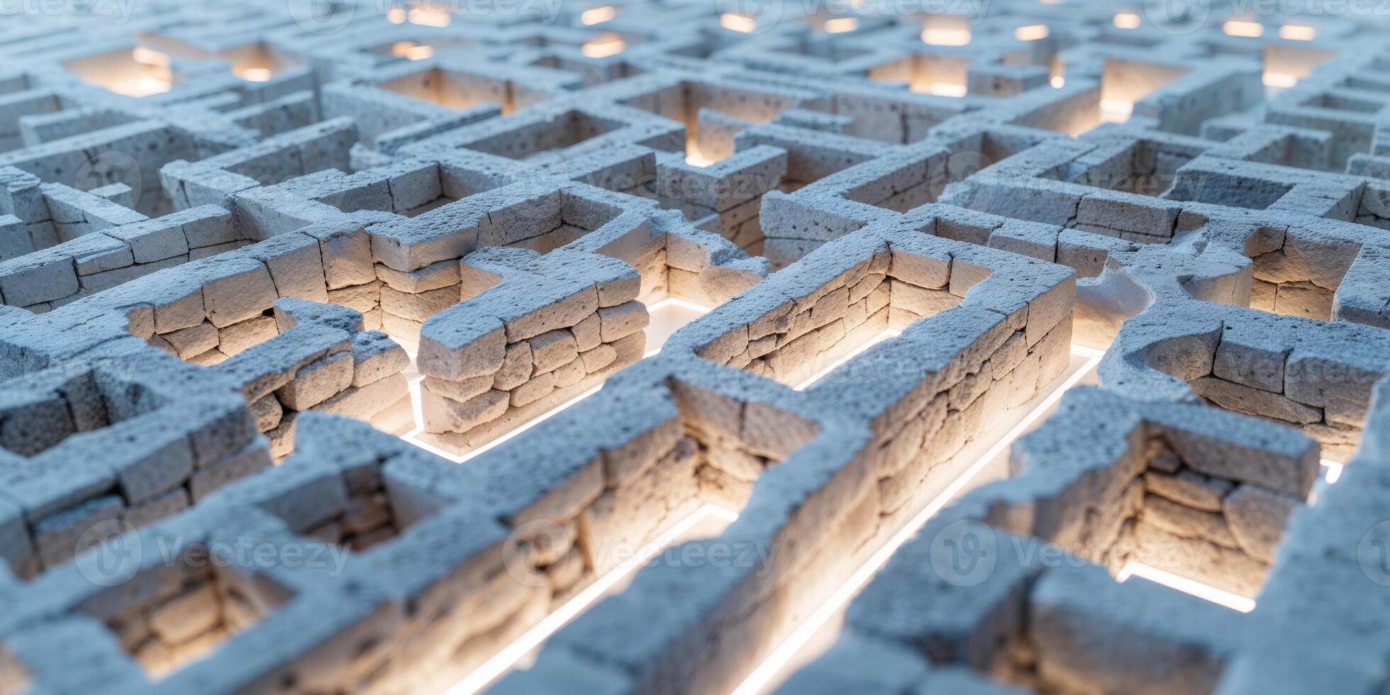 Illuminated stone maze with glowing paths. photo