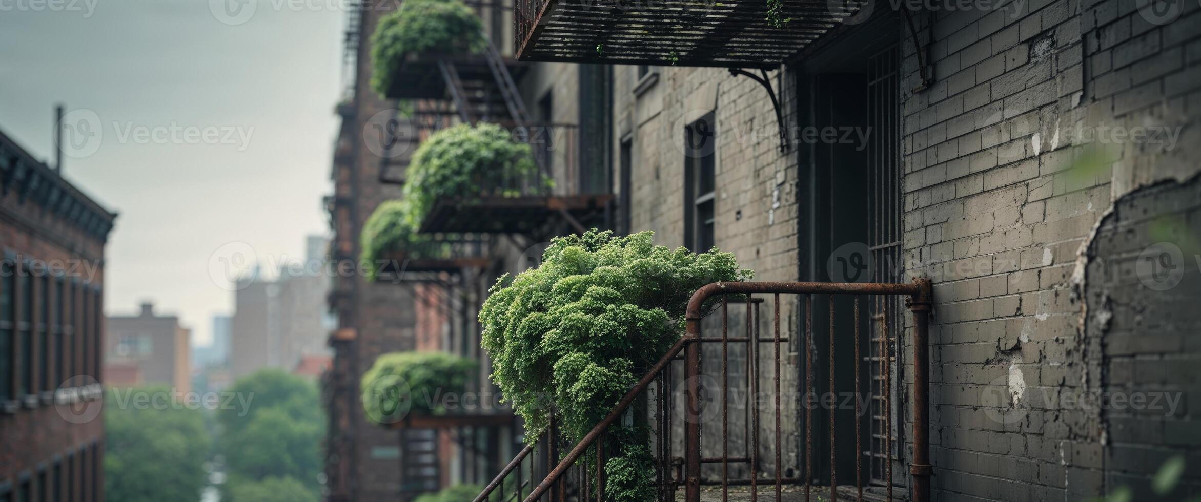 A quiet urban fire escape on a drab building holds scattered pud. photo