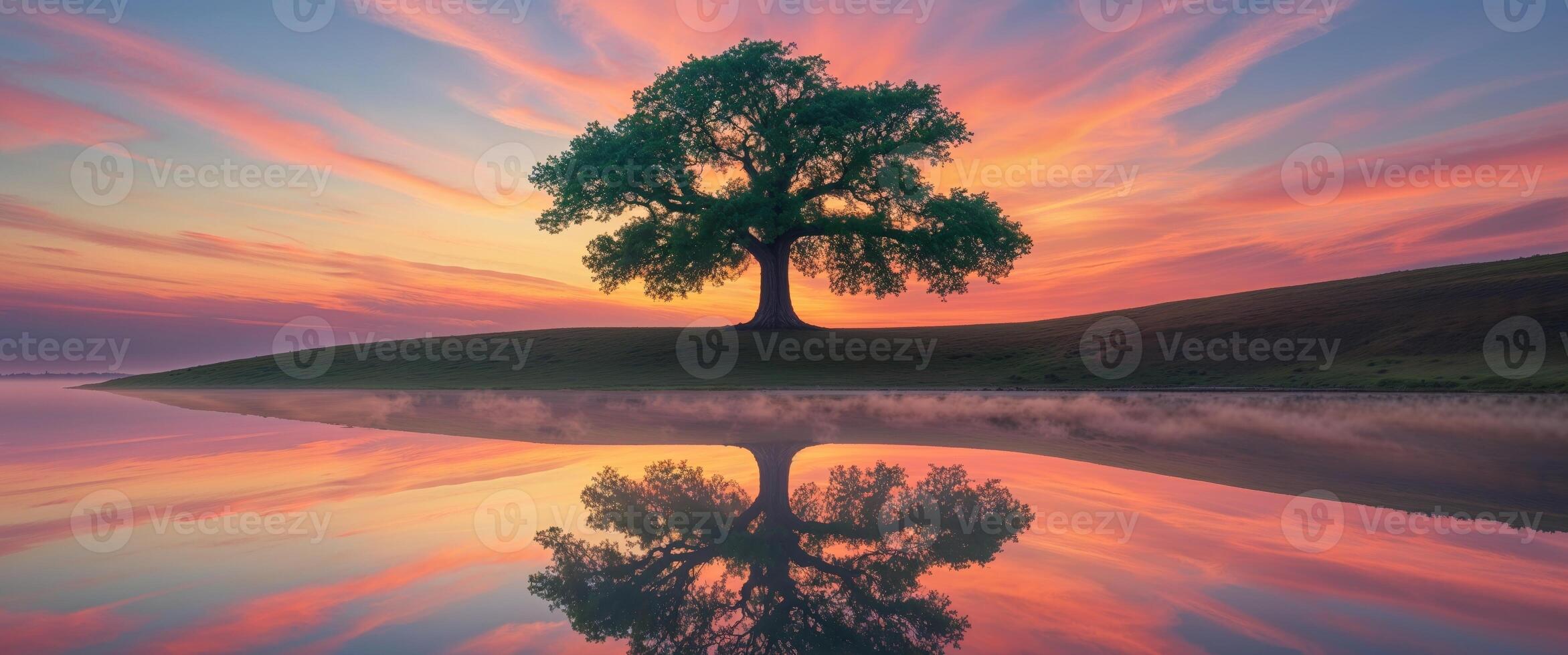 Lonely Tree at Sunset on a Hill with a Beautiful Sky Reflection. photo